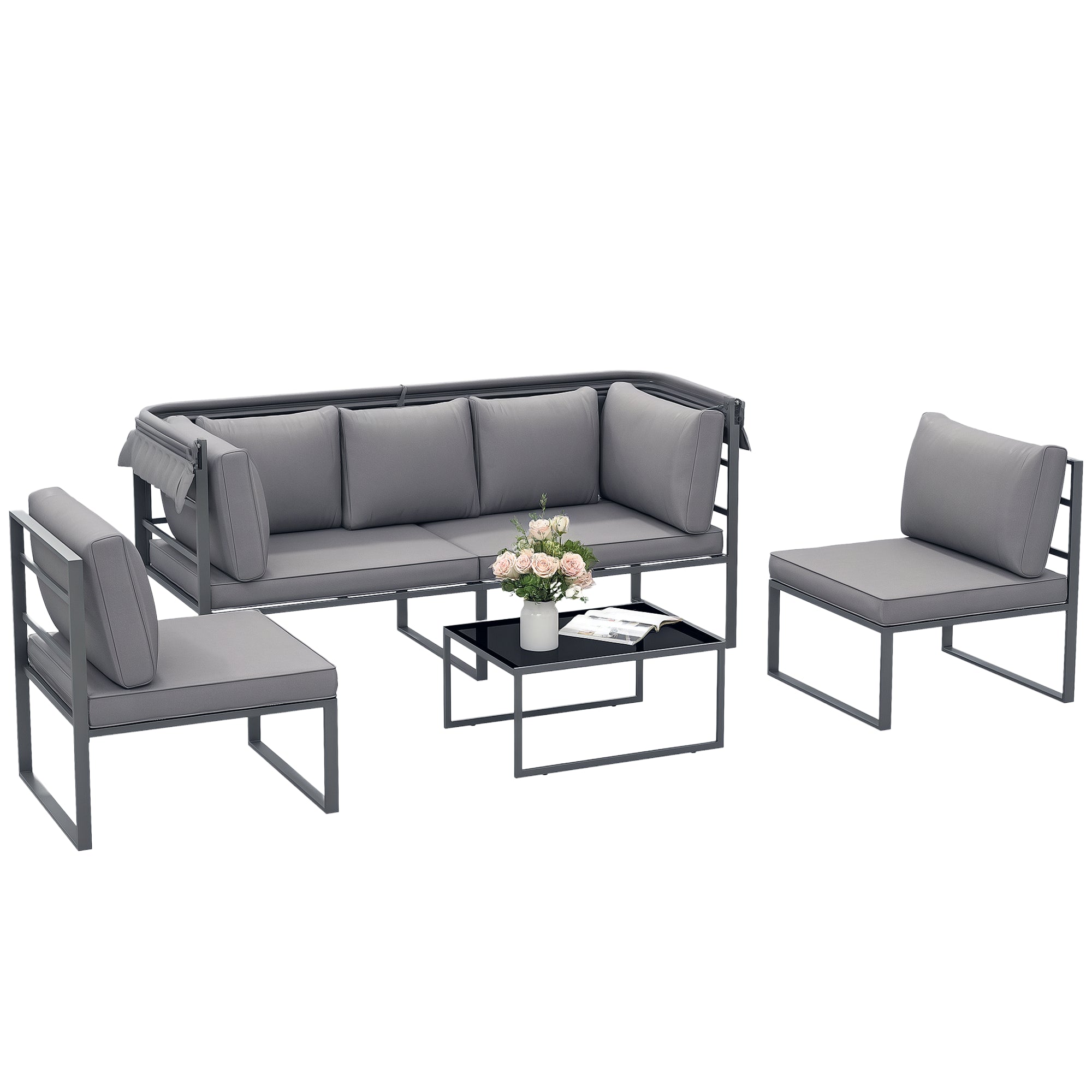 Garden Furniture Set Weatherproof Seating Group for 5 People Garden Lounge with 3-Seater Sofa 2 Armchairs Sun Canopy Cushions Side Table Outdoor Balcony Set Terrace Furniture for Garden Balcony Gray