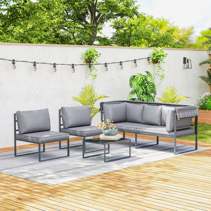 Garden Furniture Set Weatherproof Seating Group for 5 People Garden Lounge with 3-Seater Sofa 2 Armchairs Sun Canopy Cushions Side Table Outdoor Balcony Set Terrace Furniture for Garden Balcony Gray