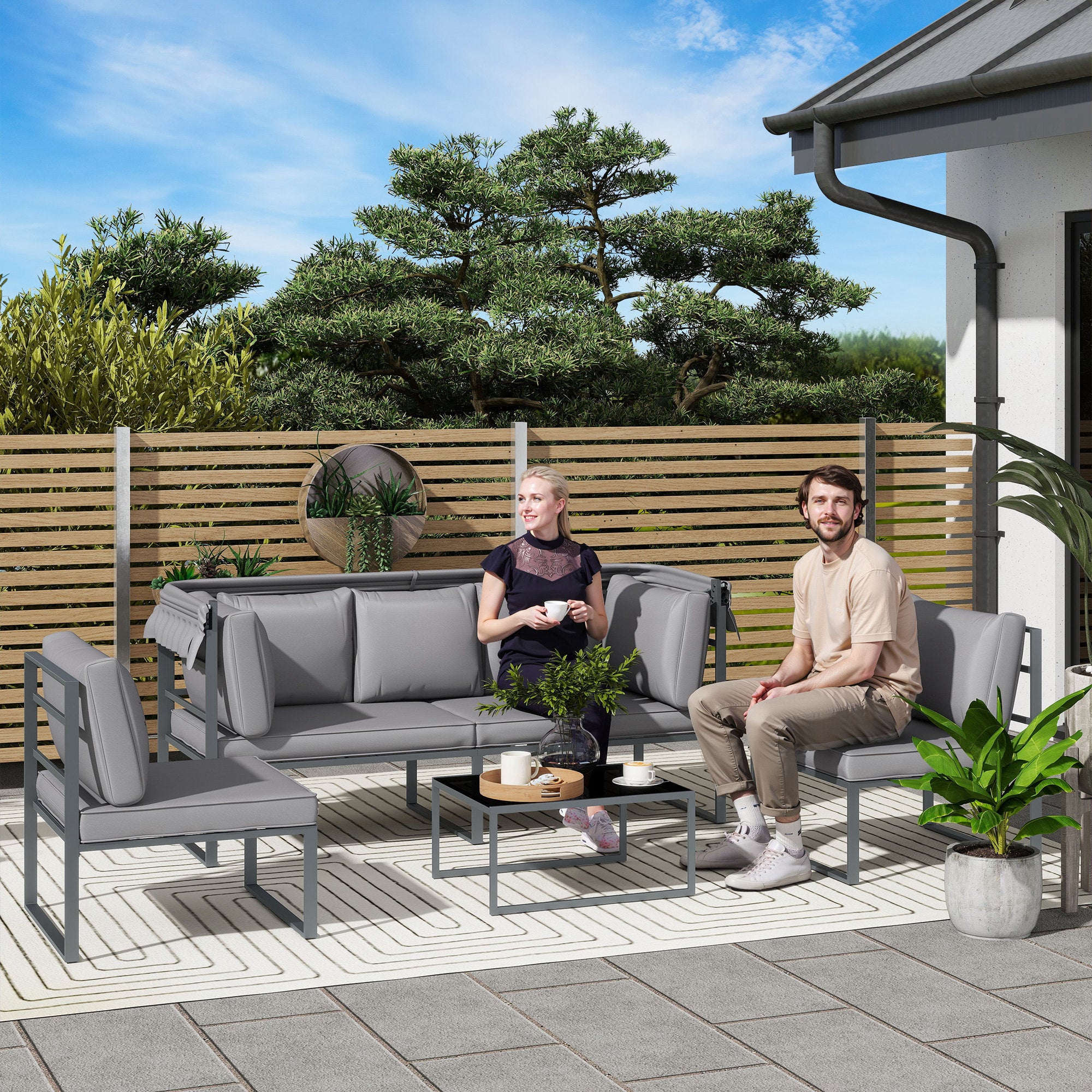 Garden Furniture Set Weatherproof Seating Group for 5 People Garden Lounge with 3-Seater Sofa 2 Armchairs Sun Canopy Cushions Side Table Outdoor Balcony Set Terrace Furniture for Garden Balcony Gray