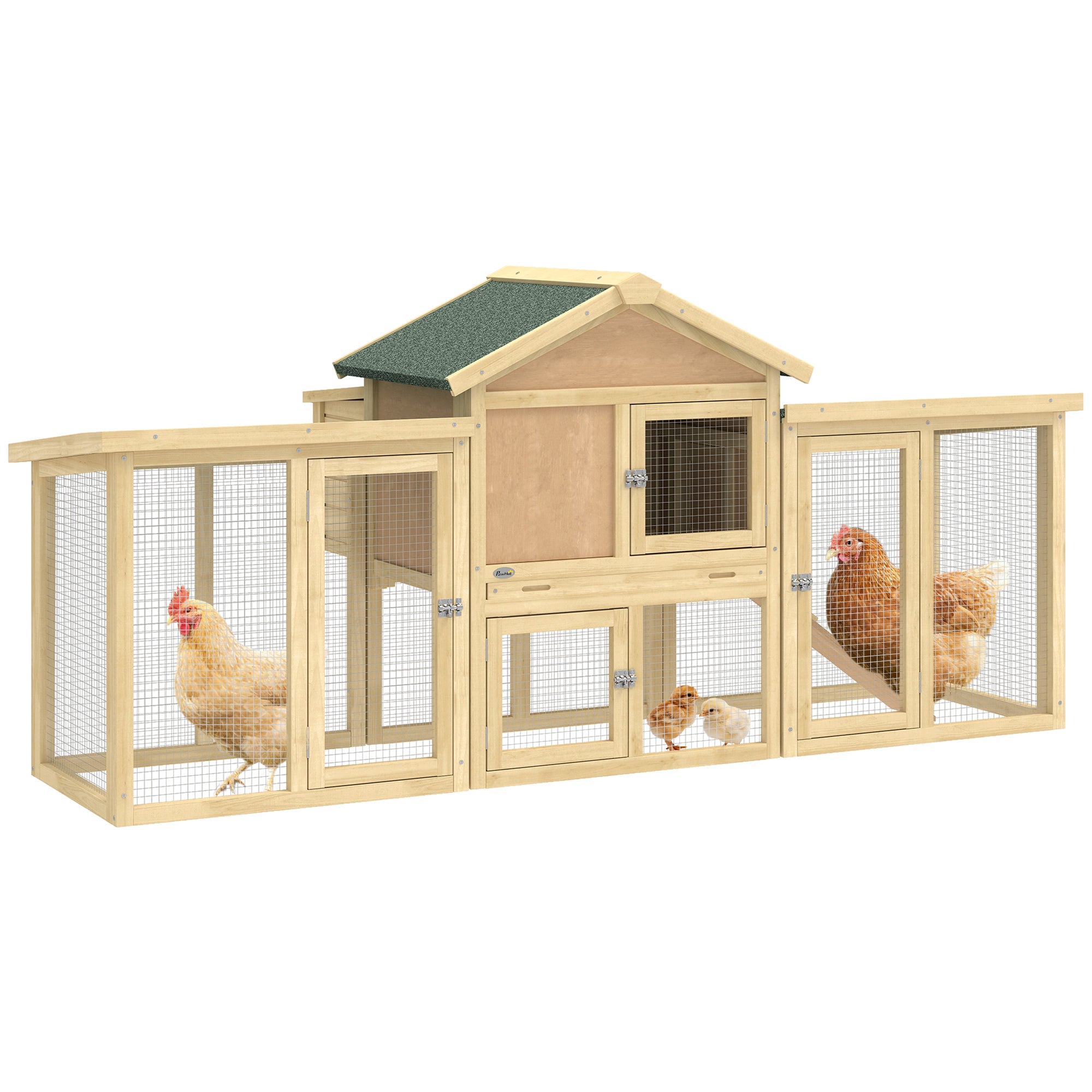Wooden Chicken Coop 204 x 85 x 93 cm (80.3 x 33.5 x 36.6 in) — 2-Level Outdoor Run, Nesting Box, Waterproof Roof, Perch & Ramp, Natural Wood