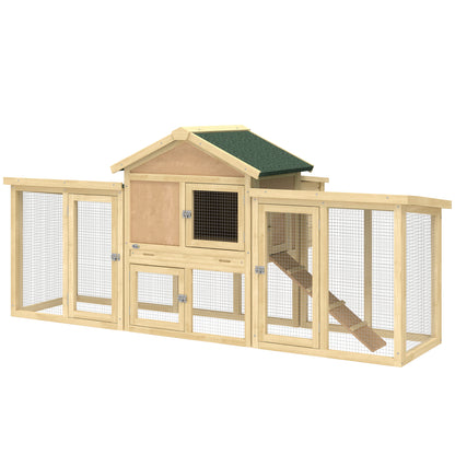 Wooden Chicken Coop 204 x 85 x 93 cm (80.3 x 33.5 x 36.6 in) — 2-Level Outdoor Run, Nesting Box, Waterproof Roof, Perch & Ramp, Natural Wood