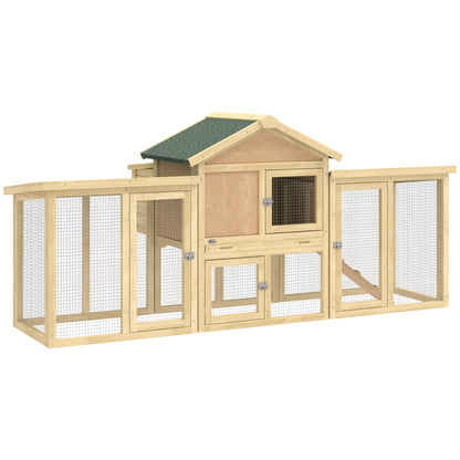 Wooden Chicken Coop 204 x 85 x 93 cm (80.3 x 33.5 x 36.6 in) — 2-Level Outdoor Run, Nesting Box, Waterproof Roof, Perch & Ramp, Natural Wood