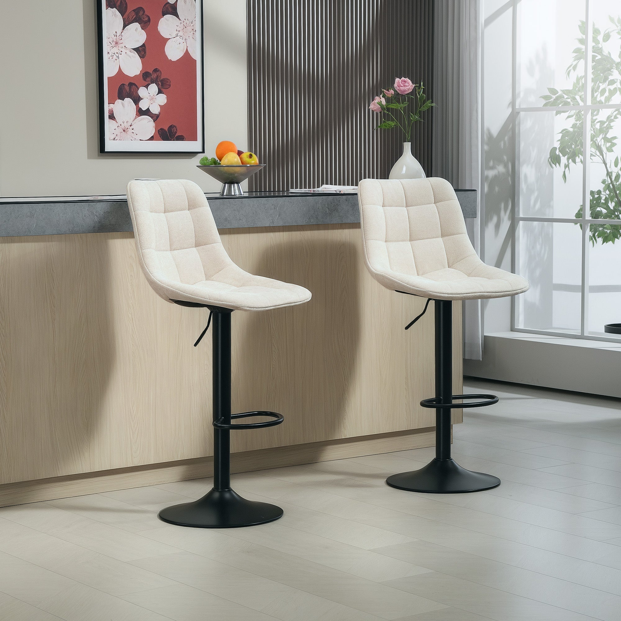 Bar Stool Set of 2, Upholstered Bar Chair with Backrest, Steel Frame, Chenille Look, Height Adjustable Kitchen Chairs with Footrest 360° Swivel Counter Stool for Kitchen, Living Room Beige