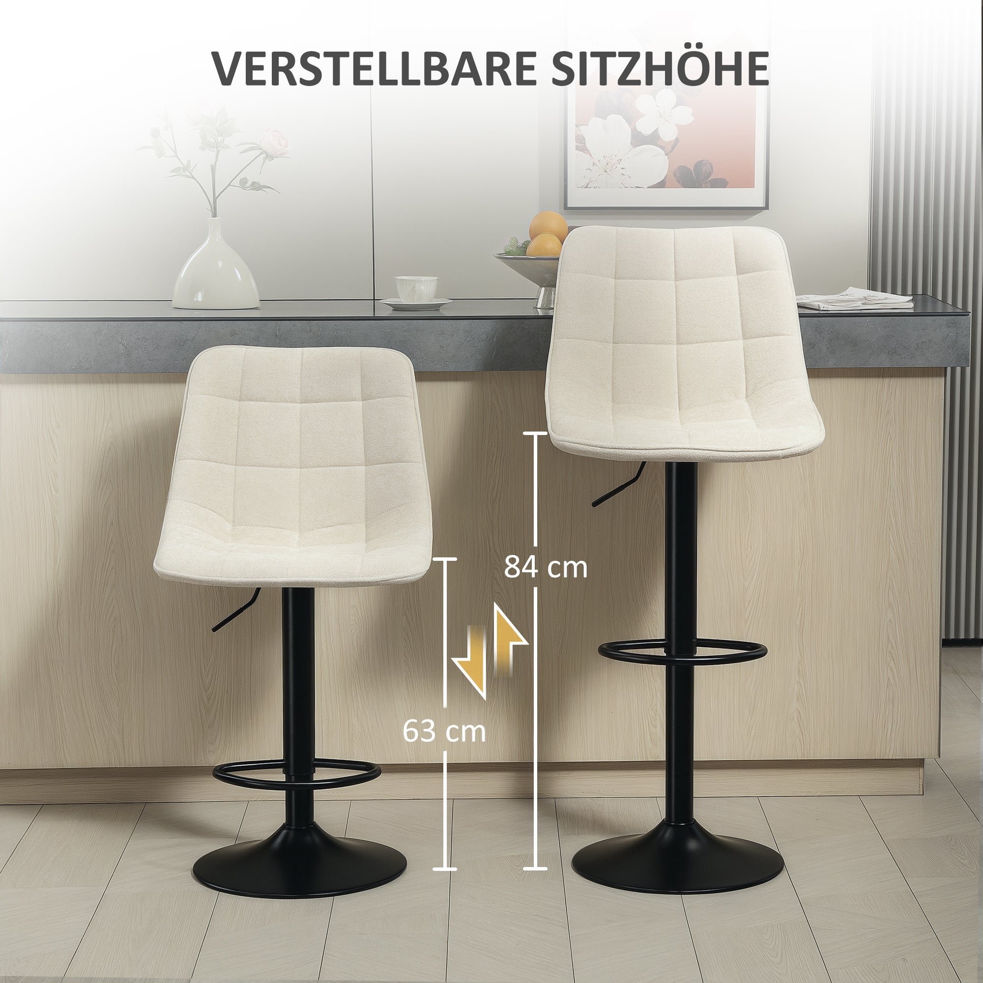 Bar Stool Set of 2, Upholstered Bar Chair with Backrest, Steel Frame, Chenille Look, Height Adjustable Kitchen Chairs with Footrest 360° Swivel Counter Stool for Kitchen, Living Room Beige