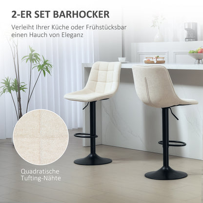 Bar Stool Set of 2, Upholstered Bar Chair with Backrest, Steel Frame, Chenille Look, Height Adjustable Kitchen Chairs with Footrest 360° Swivel Counter Stool for Kitchen, Living Room Beige