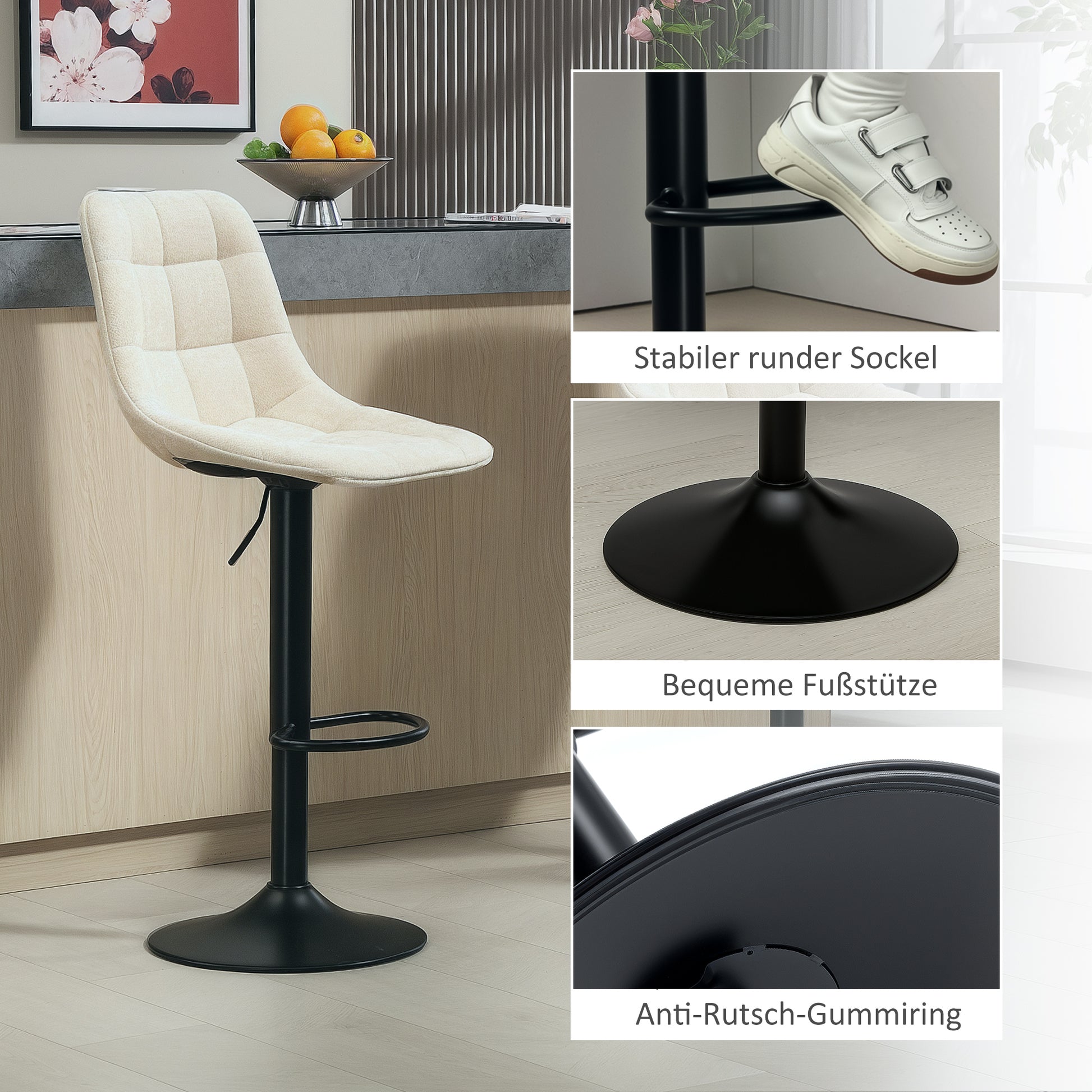 Bar Stool Set of 2, Upholstered Bar Chair with Backrest, Steel Frame, Chenille Look, Height Adjustable Kitchen Chairs with Footrest 360° Swivel Counter Stool for Kitchen, Living Room Beige