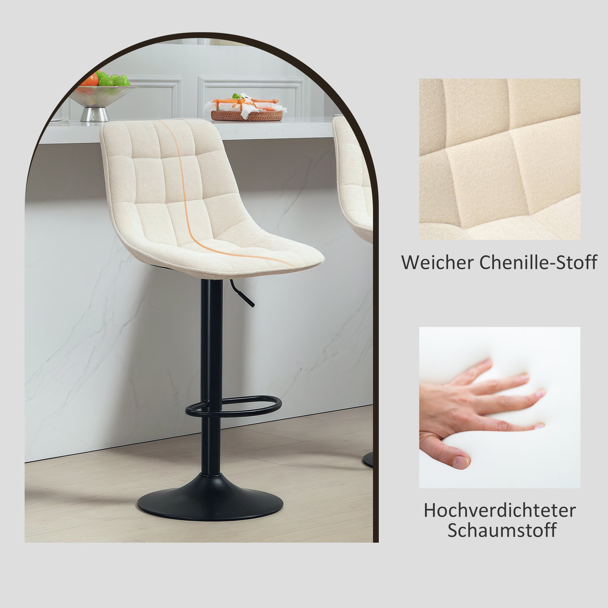 Bar Stool Set of 2, Upholstered Bar Chair with Backrest, Steel Frame, Chenille Look, Height Adjustable Kitchen Chairs with Footrest 360° Swivel Counter Stool for Kitchen, Living Room Beige