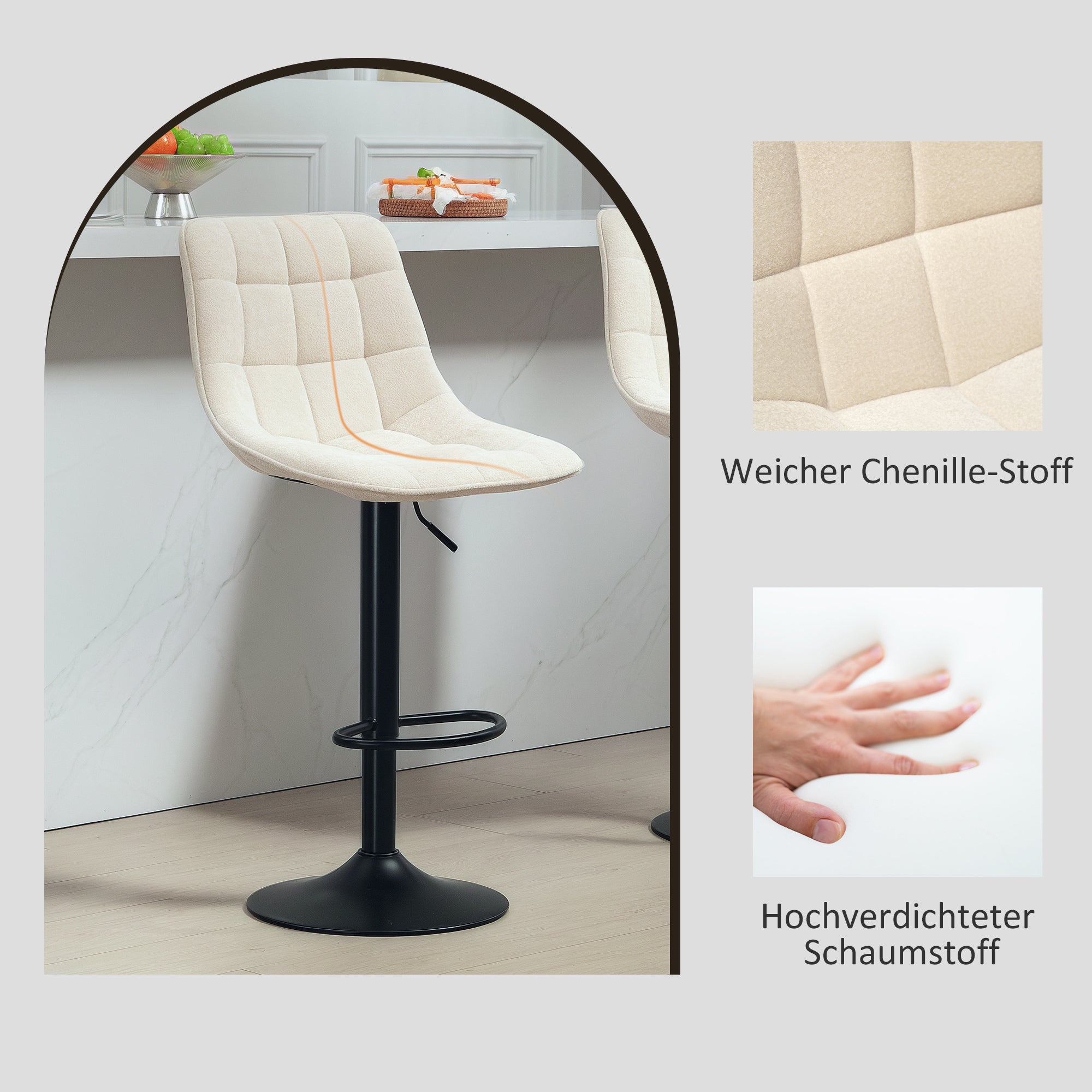 Bar Stool Set of 2, Upholstered Bar Chair with Backrest, Steel Frame, Chenille Look, Height Adjustable Kitchen Chairs with Footrest 360° Swivel Counter Stool for Kitchen, Living Room Beige