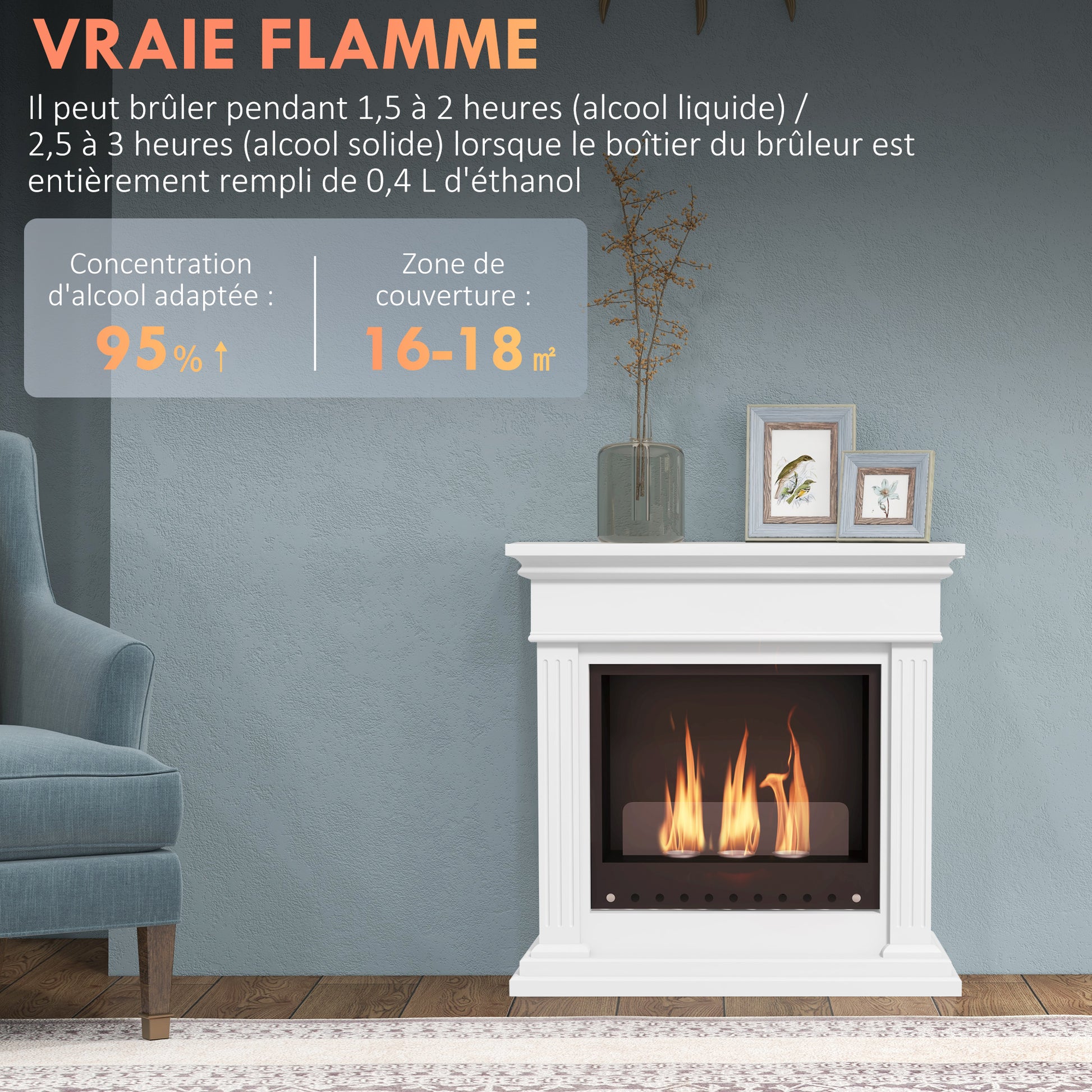 Bioethanol Ethanol Fireplace 3 Burners 0.4L - coverage 16-18 sqm - autonomy approximately 2h - white