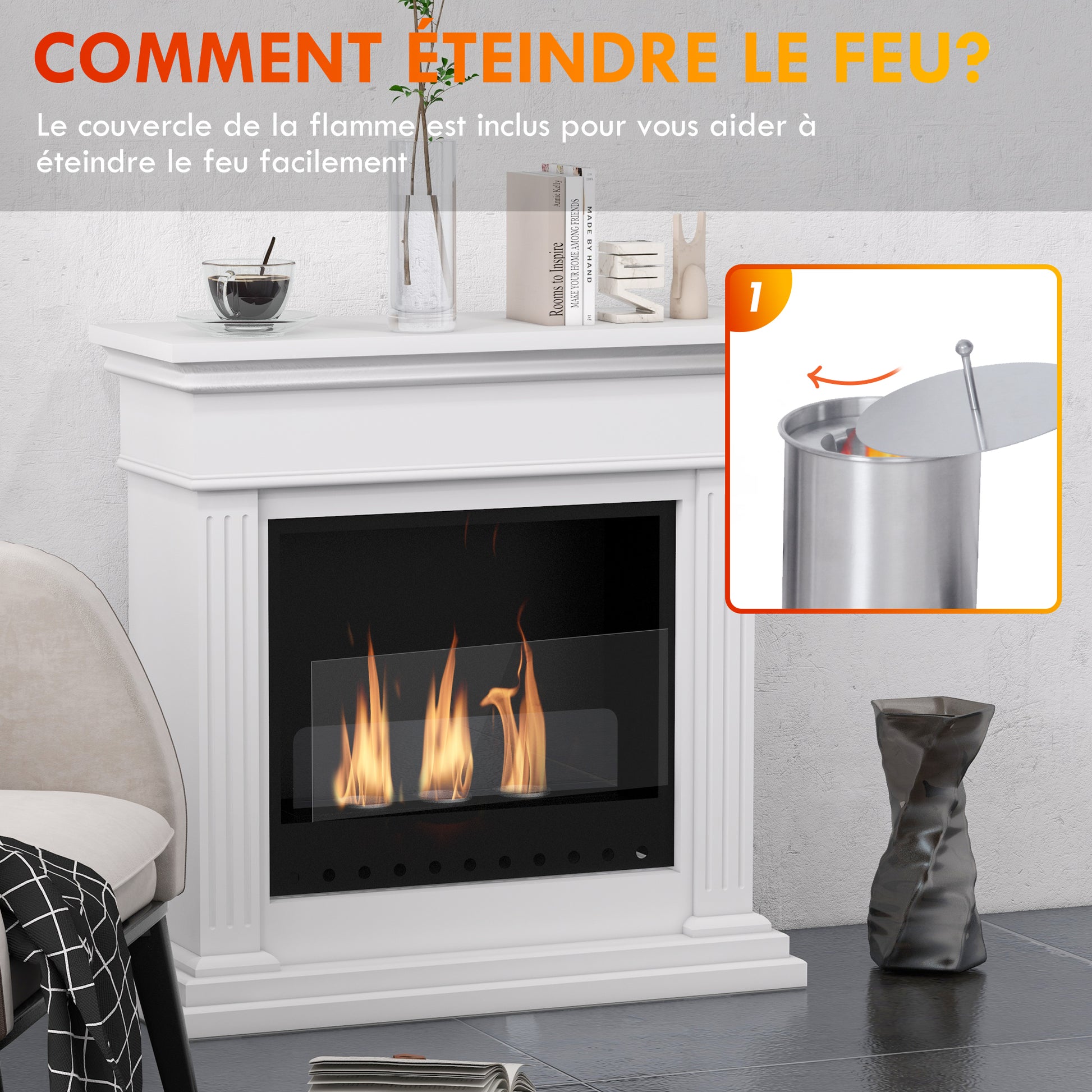 Bioethanol Ethanol Fireplace 3 Burners 0.4L - coverage 16-18 sqm - autonomy approximately 2h - white