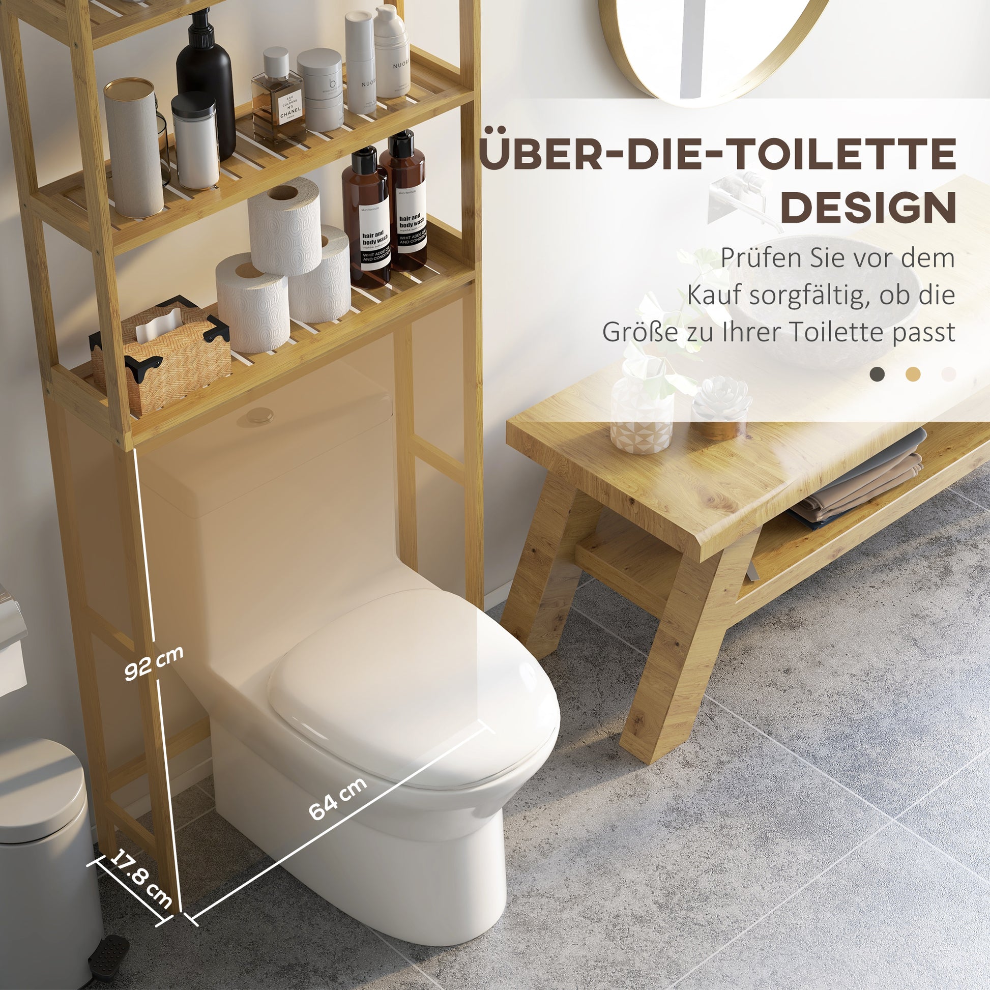 Toilet Rack 3-Tier Bamboo Bathroom Shelf Multifunctional WC Rack Laundry Room Shelf, for Bathroom, Toilet, Laundry Room, Natural