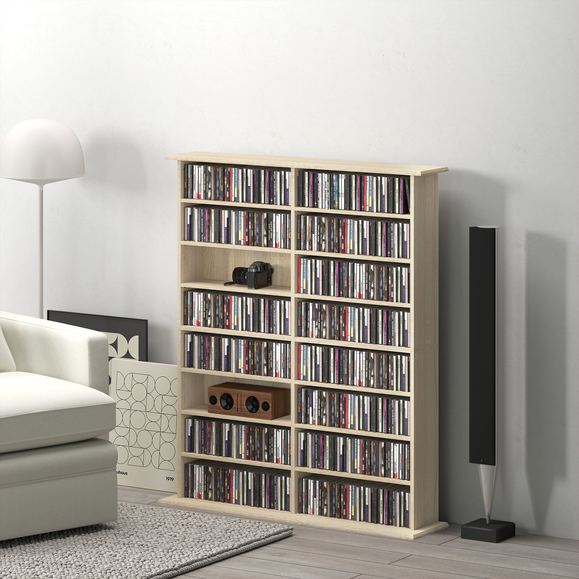 CD and DVD Storage, multimedia storage unit with 16 compartments and 12 adjustable shelves, max capacity 720 CD/396 DVD and Blu-ray, 106.5 x 24 x 123.7 cm, natural wood