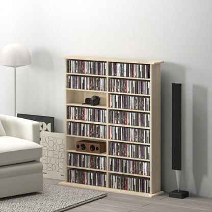 CD and DVD Storage, multimedia storage unit with 16 compartments and 12 adjustable shelves, max capacity 720 CD/396 DVD and Blu-ray, 106.5 x 24 x 123.7 cm, natural wood