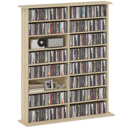 CD and DVD Storage, multimedia storage unit with 16 compartments and 12 adjustable shelves, max capacity 720 CD/396 DVD and Blu-ray, 106.5 x 24 x 123.7 cm, natural wood