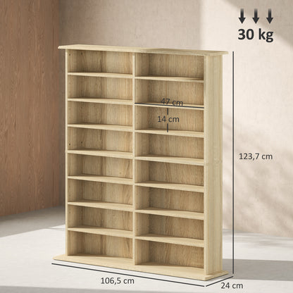CD and DVD Storage, multimedia storage unit with 16 compartments and 12 adjustable shelves, max capacity 720 CD/396 DVD and Blu-ray, 106.5 x 24 x 123.7 cm, natural wood