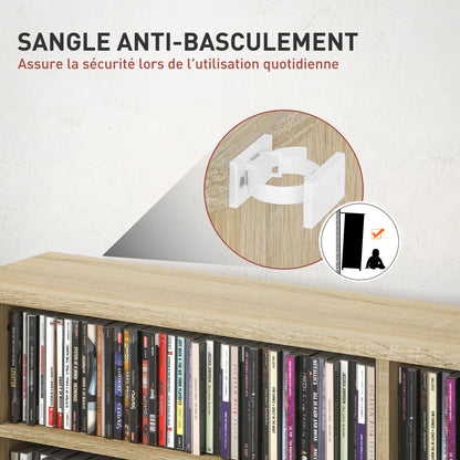 CD and DVD Storage, multimedia storage unit with 16 compartments and 12 adjustable shelves, max capacity 720 CD/396 DVD and Blu-ray, 106.5 x 24 x 123.7 cm, natural wood