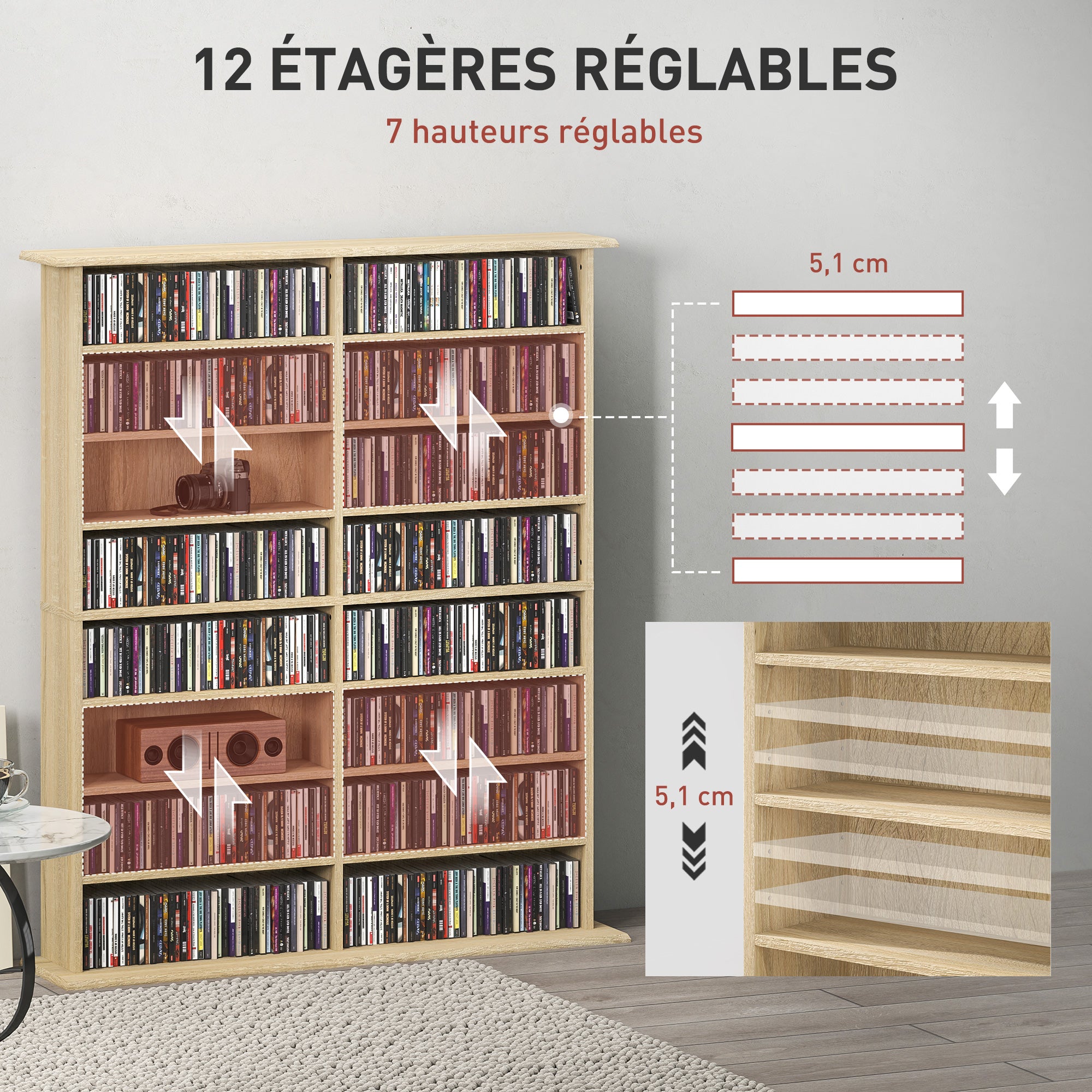 CD and DVD Storage, multimedia storage unit with 16 compartments and 12 adjustable shelves, max capacity 720 CD/396 DVD and Blu-ray, 106.5 x 24 x 123.7 cm, natural wood