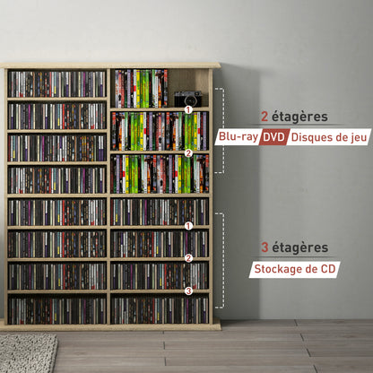 CD and DVD Storage, multimedia storage unit with 16 compartments and 12 adjustable shelves, max capacity 720 CD/396 DVD and Blu-ray, 106.5 x 24 x 123.7 cm, natural wood