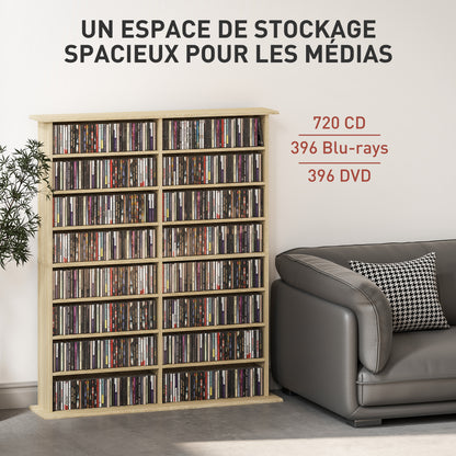 CD and DVD Storage, multimedia storage unit with 16 compartments and 12 adjustable shelves, max capacity 720 CD/396 DVD and Blu-ray, 106.5 x 24 x 123.7 cm, natural wood