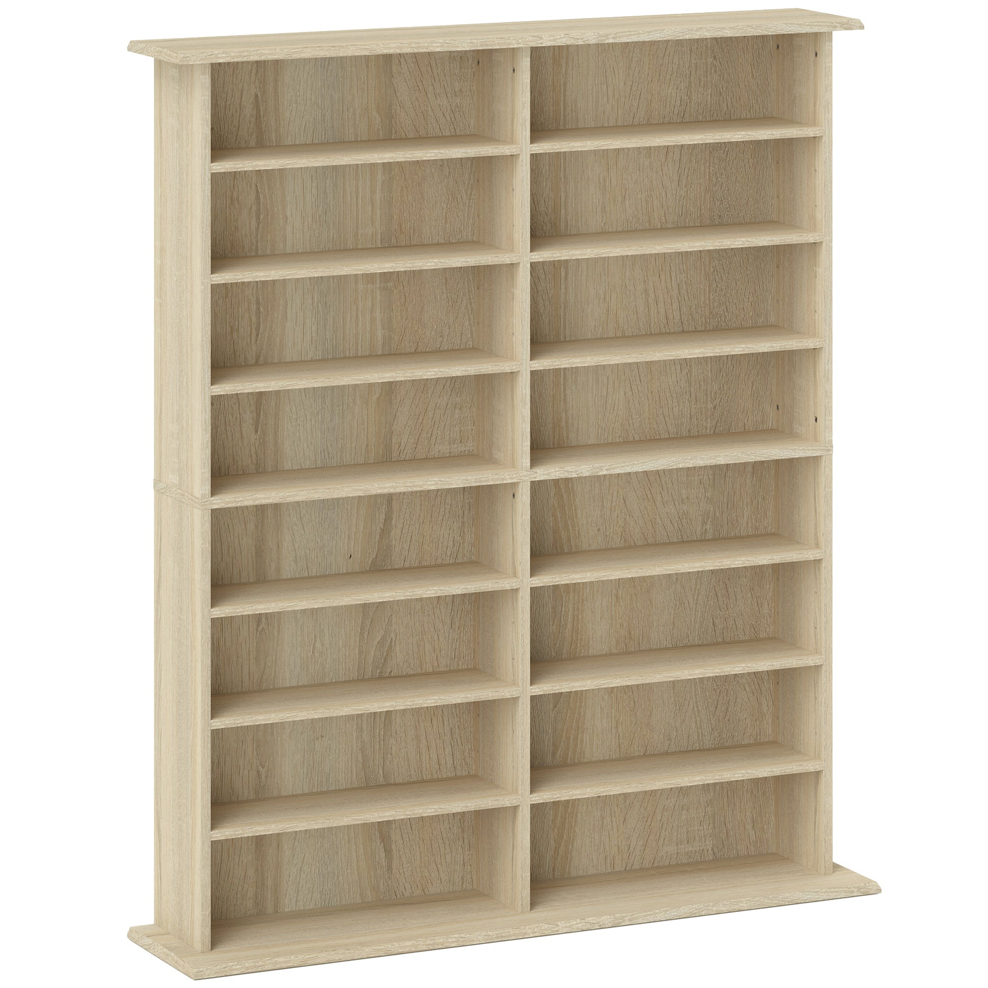 CD and DVD Storage, multimedia storage unit with 16 compartments and 12 adjustable shelves, max capacity 720 CD/396 DVD and Blu-ray, 106.5 x 24 x 123.7 cm, natural wood