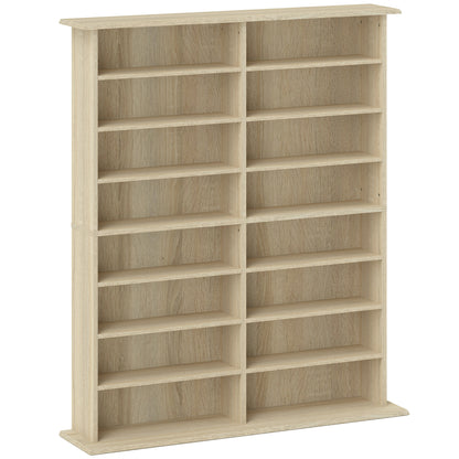 CD and DVD Storage, multimedia storage unit with 16 compartments and 12 adjustable shelves, max capacity 720 CD/396 DVD and Blu-ray, 106.5 x 24 x 123.7 cm, natural wood