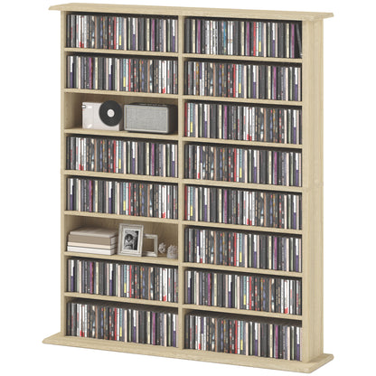 CD and DVD Storage, multimedia storage unit with 16 compartments and 12 adjustable shelves, max capacity 720 CD/396 DVD and Blu-ray, 106.5 x 24 x 123.7 cm, natural wood