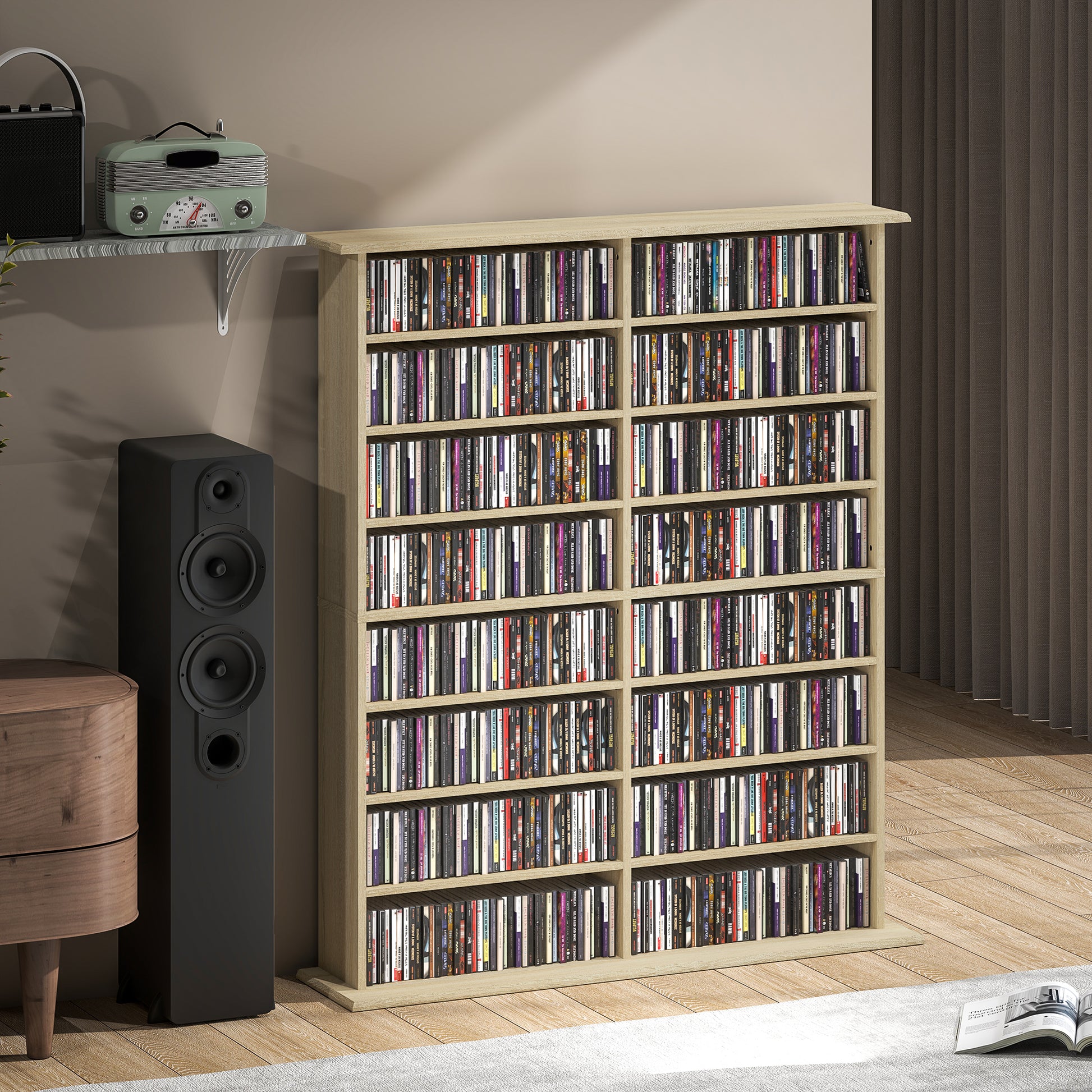 CD and DVD Storage, multimedia storage unit with 16 compartments and 12 adjustable shelves, max capacity 720 CD/396 DVD and Blu-ray, 106.5 x 24 x 123.7 cm, natural wood