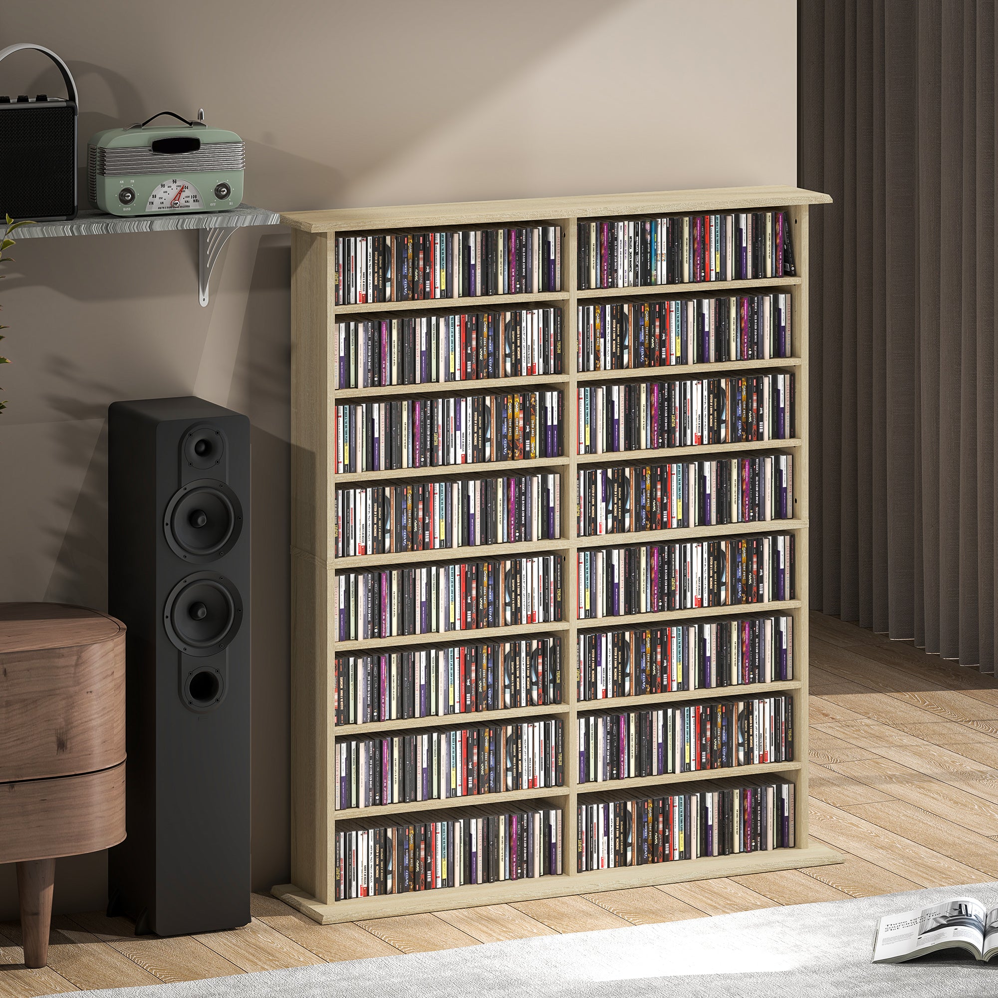 CD and DVD Storage, multimedia storage unit with 16 compartments and 12 adjustable shelves, max capacity 720 CD/396 DVD and Blu-ray, 106.5 x 24 x 123.7 cm, natural wood