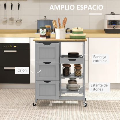 Kitchen Cart Utility Cart with Wheels Wood Top 3 Drawers 2 Open Shelves and Removable Tray for Dining Room Living Room 67x37x85.5 cm Gray
