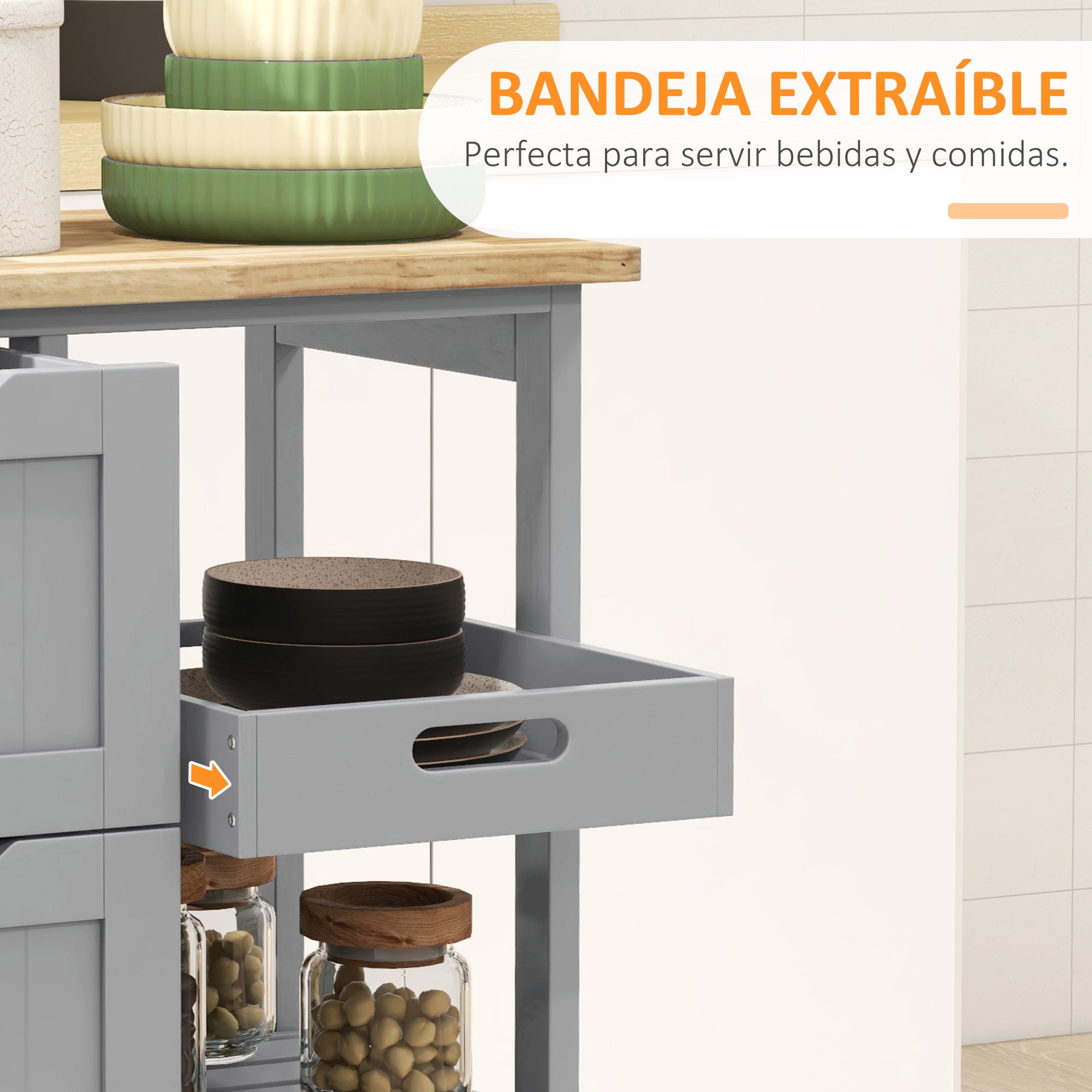 Kitchen Cart Utility Cart with Wheels Wood Top 3 Drawers 2 Open Shelves and Removable Tray for Dining Room Living Room 67x37x85.5 cm Gray