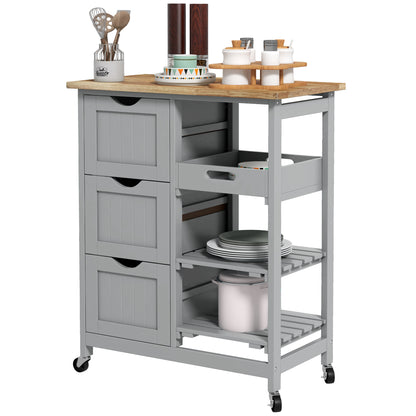 Kitchen Cart Utility Cart with Wheels Wood Top 3 Drawers 2 Open Shelves and Removable Tray for Dining Room Living Room 67x37x85.5 cm Gray