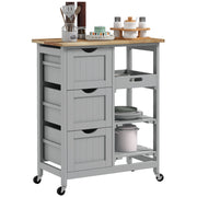 Kitchen Cart Utility Cart with Wheels Wood Top 3 Drawers 2 Open Shelves and Removable Tray for Dining Room Living Room 67x37x85.5 cm Gray