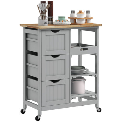 Kitchen Cart Utility Cart with Wheels Wood Top 3 Drawers 2 Open Shelves and Removable Tray for Dining Room Living Room 67x37x85.5 cm Gray