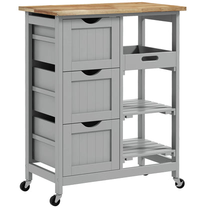 Kitchen Cart Utility Cart with Wheels Wood Top 3 Drawers 2 Open Shelves and Removable Tray for Dining Room Living Room 67x37x85.5 cm Gray