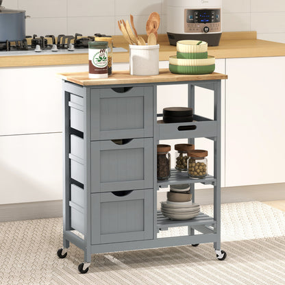 Kitchen Cart Utility Cart with Wheels Wood Top 3 Drawers 2 Open Shelves and Removable Tray for Dining Room Living Room 67x37x85.5 cm Gray