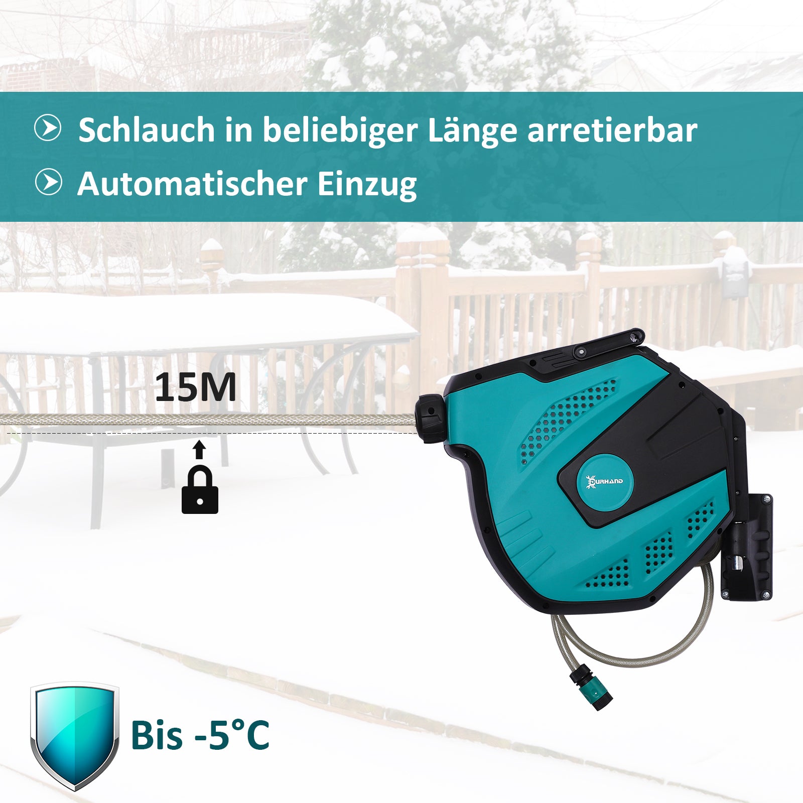 Wall Hose Box Hose Reel 180° Swivel with Multi-Spray Gun Frost Protection -5–45 °C Plastic Green + Black 15 m
