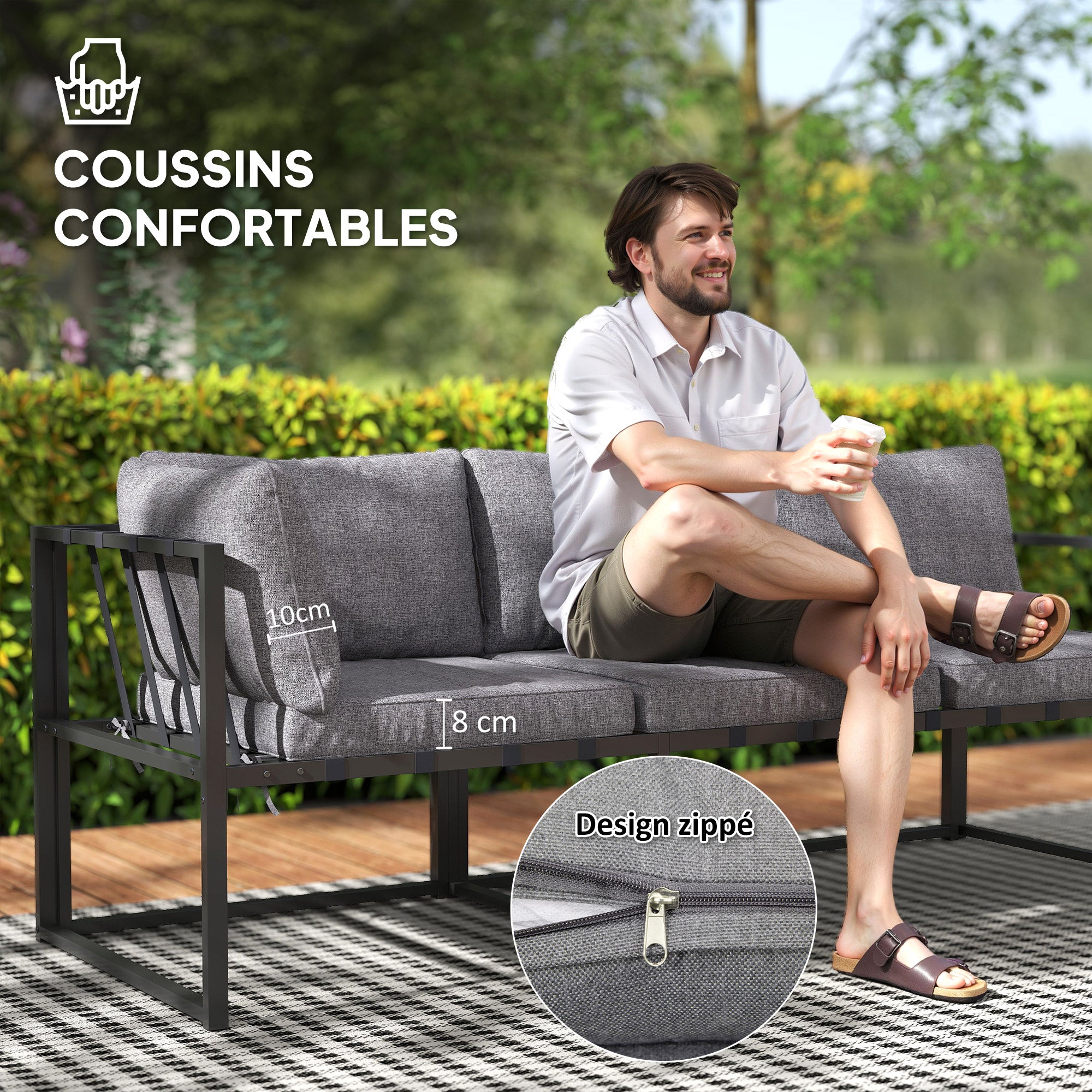 Outdoor Corner Garden Lounge 4-Piece Set with 3-Seater Sofa, 2-Seater Sofa, and 2 Nesting Coffee Tables with Tempered Glass, Cushions Included, Garden Patio Furniture, Gray