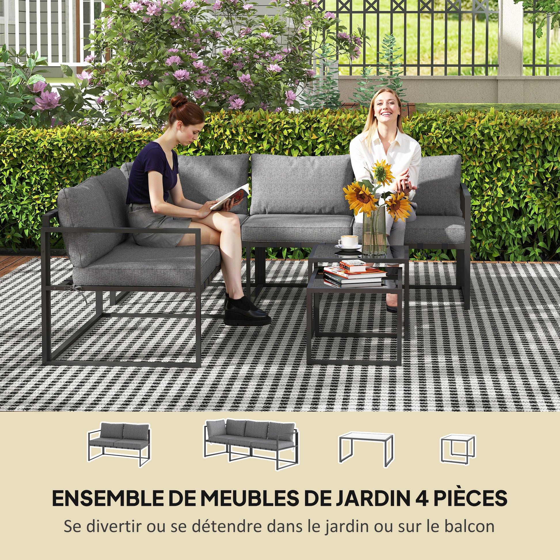 Outdoor Corner Garden Lounge 4-Piece Set with 3-Seater Sofa, 2-Seater Sofa, and 2 Nesting Coffee Tables with Tempered Glass, Cushions Included, Garden Patio Furniture, Gray