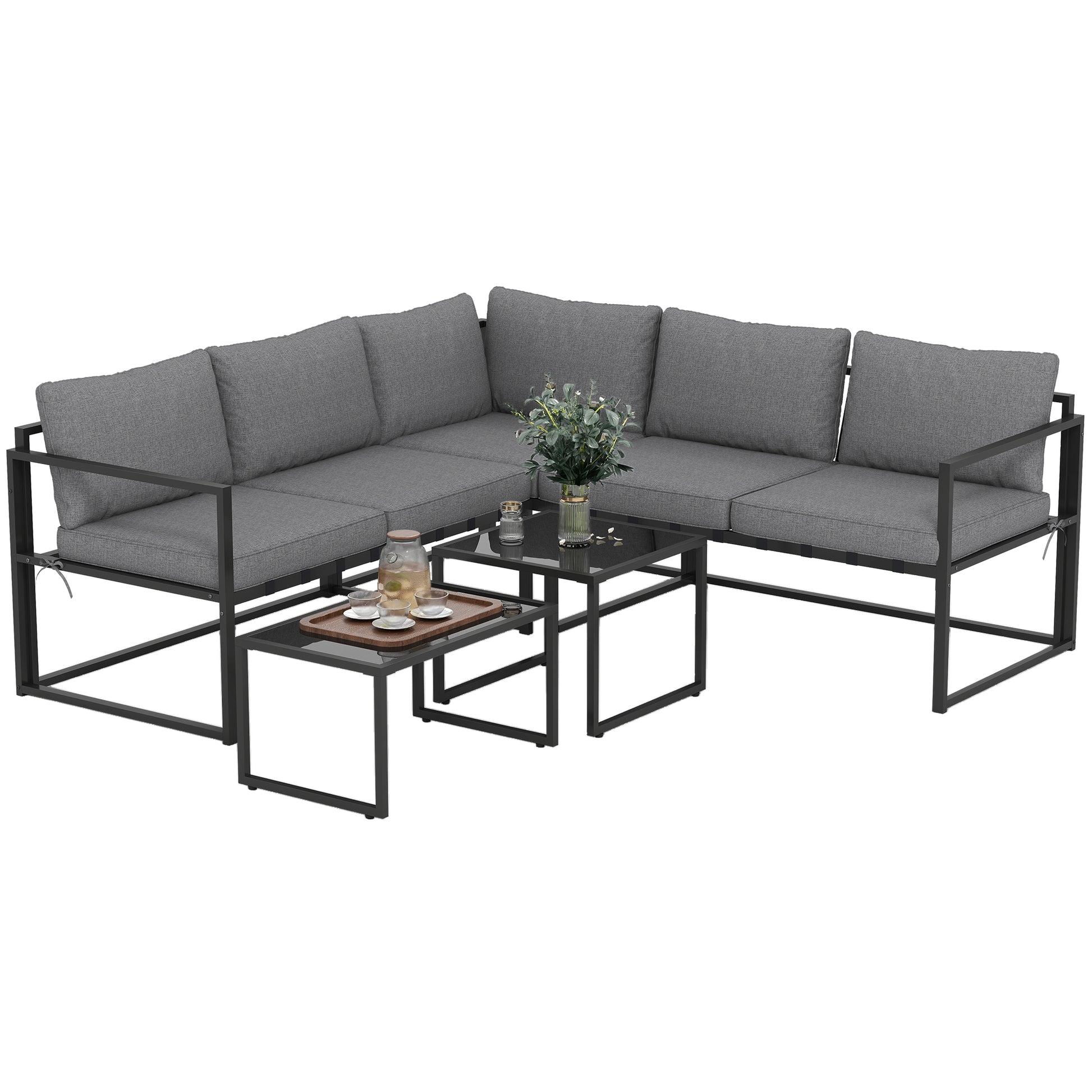 Outdoor Corner Garden Lounge 4-Piece Set with 3-Seater Sofa, 2-Seater Sofa, and 2 Nesting Coffee Tables with Tempered Glass, Cushions Included, Garden Patio Furniture, Gray