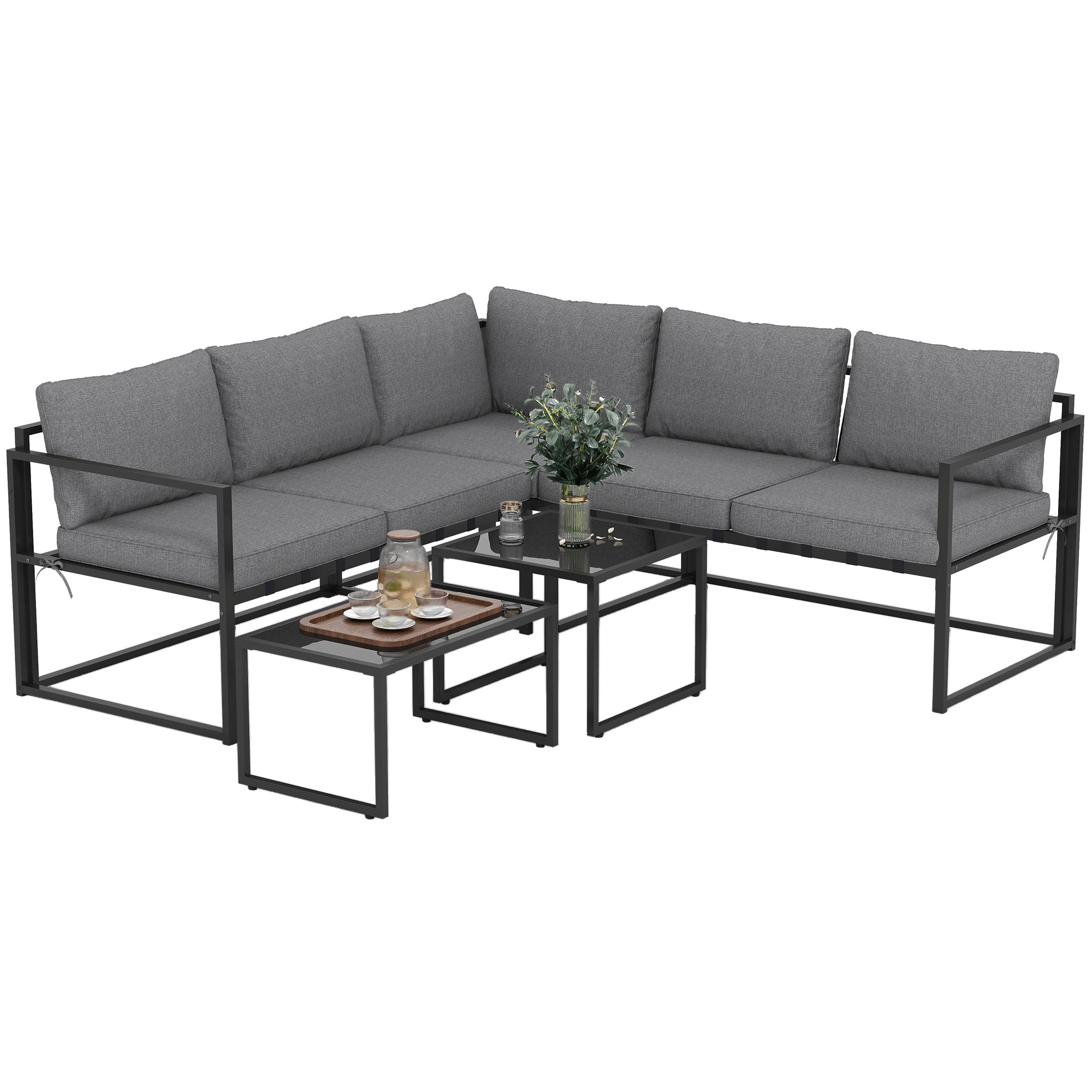 Outdoor Corner Garden Lounge 4-Piece Set with 3-Seater Sofa, 2-Seater Sofa, and 2 Nesting Coffee Tables with Tempered Glass, Cushions Included, Garden Patio Furniture, Gray