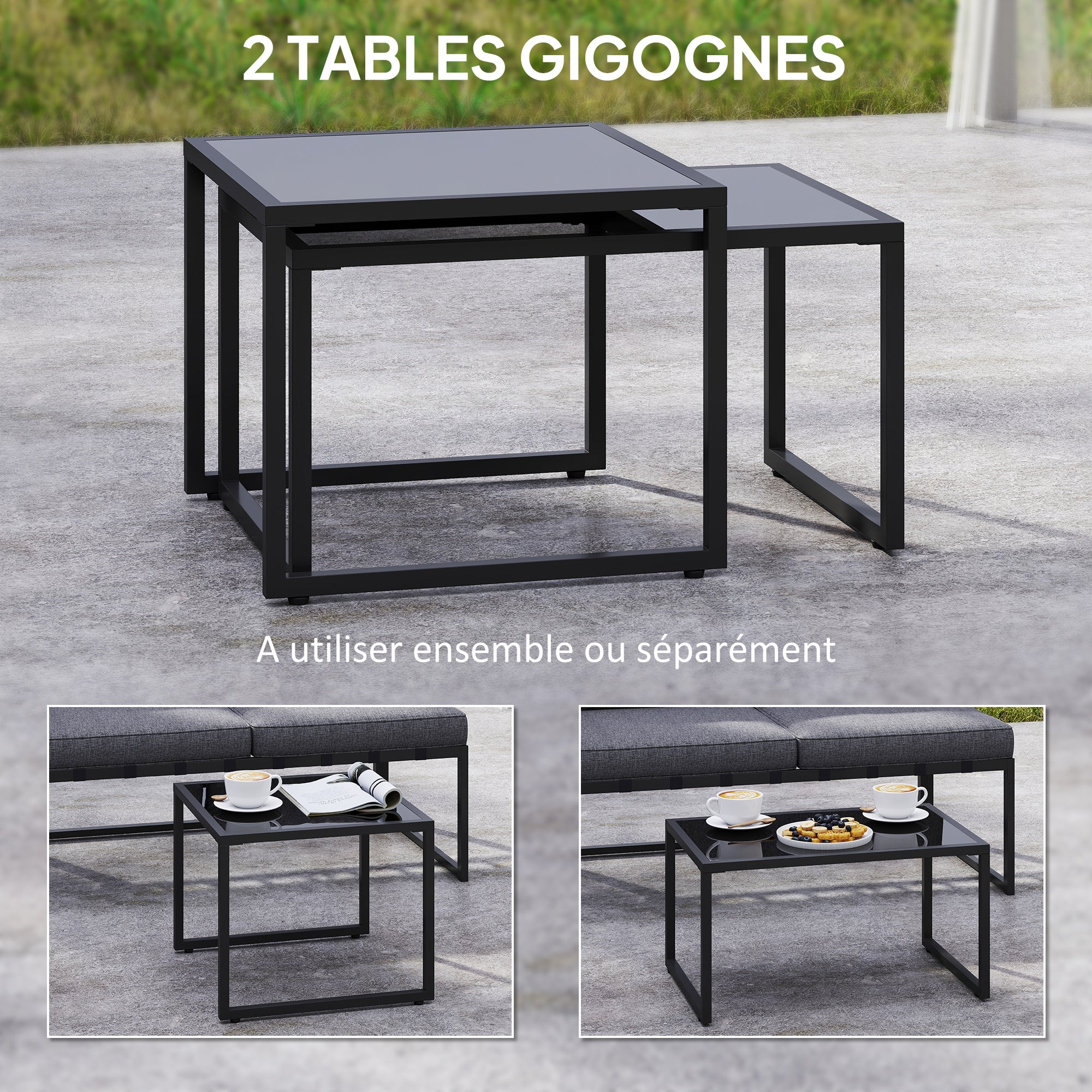 Outdoor Corner Garden Lounge 4-Piece Set with 3-Seater Sofa, 2-Seater Sofa, and 2 Nesting Coffee Tables with Tempered Glass, Cushions Included, Garden Patio Furniture, Gray