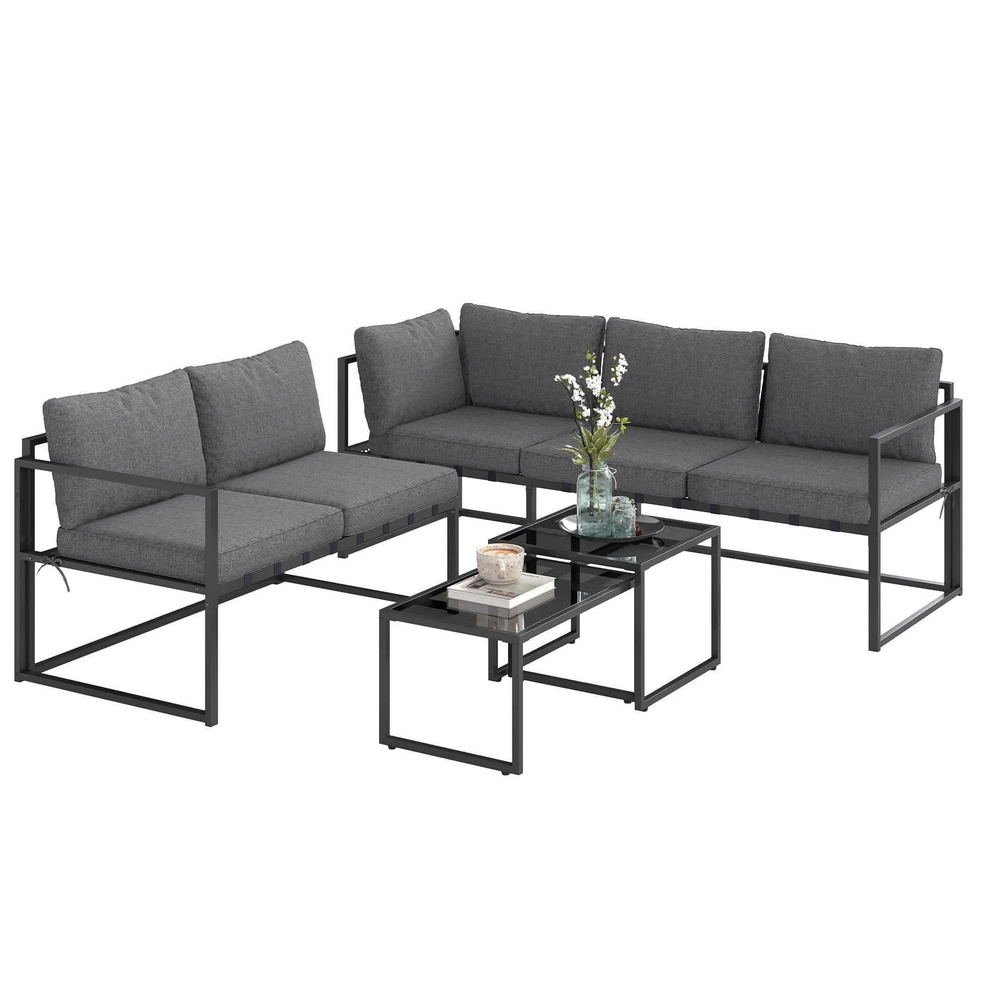 Outdoor Corner Garden Lounge 4-Piece Set with 3-Seater Sofa, 2-Seater Sofa, and 2 Nesting Coffee Tables with Tempered Glass, Cushions Included, Garden Patio Furniture, Gray