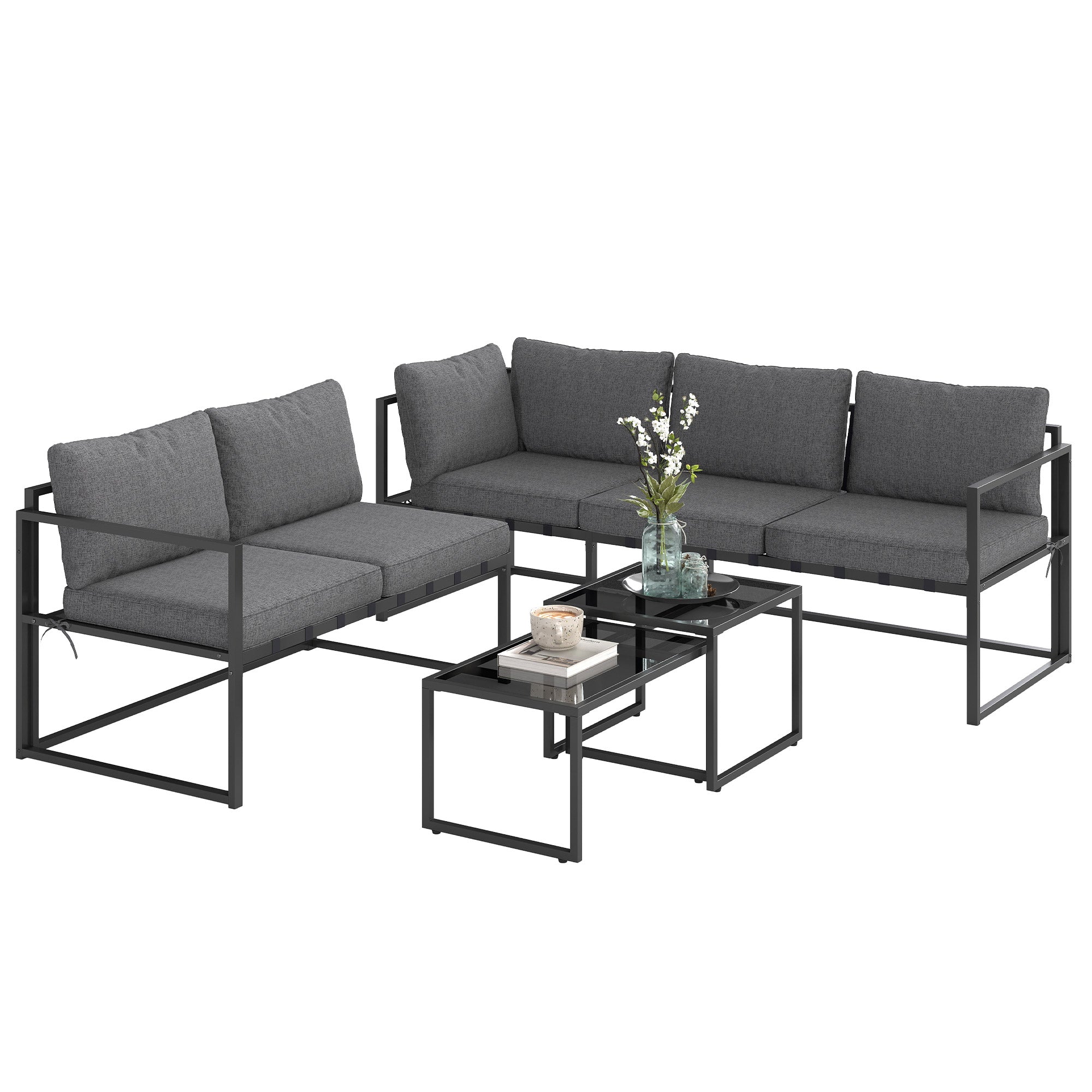 Outdoor Corner Garden Lounge 4-Piece Set with 3-Seater Sofa, 2-Seater Sofa, and 2 Nesting Coffee Tables with Tempered Glass, Cushions Included, Garden Patio Furniture, Gray