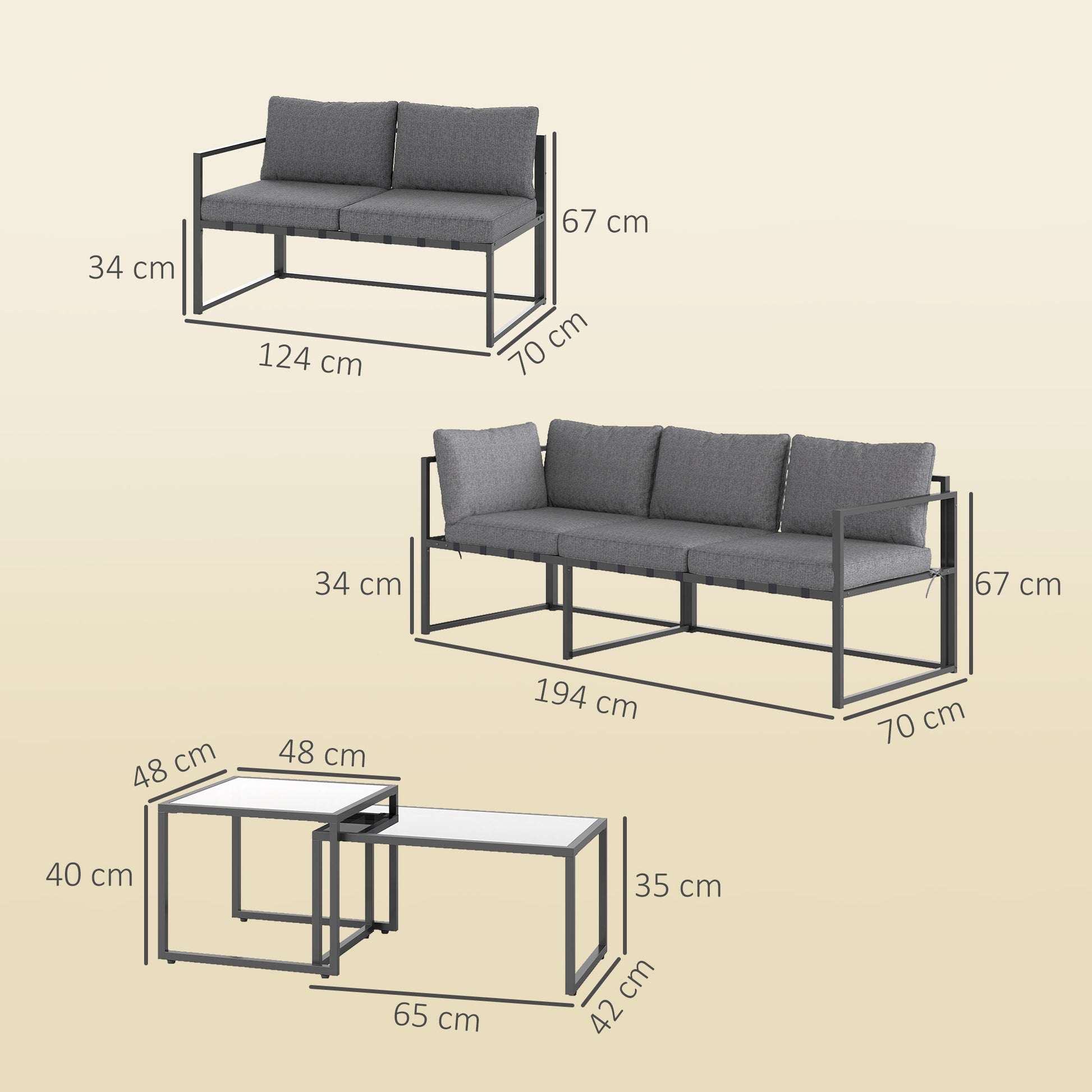 Outdoor Corner Garden Lounge 4-Piece Set with 3-Seater Sofa, 2-Seater Sofa, and 2 Nesting Coffee Tables with Tempered Glass, Cushions Included, Garden Patio Furniture, Gray