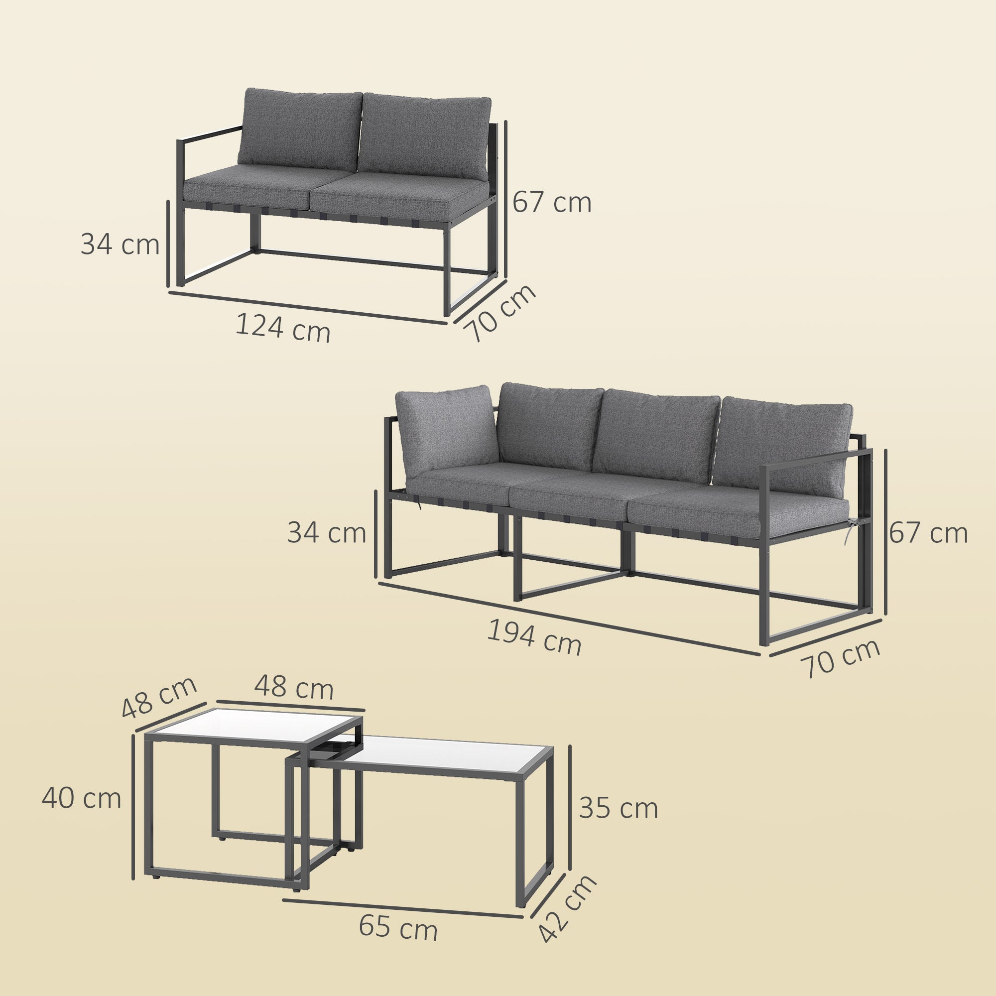 Outdoor Corner Garden Lounge 4-Piece Set with 3-Seater Sofa, 2-Seater Sofa, and 2 Nesting Coffee Tables with Tempered Glass, Cushions Included, Garden Patio Furniture, Gray