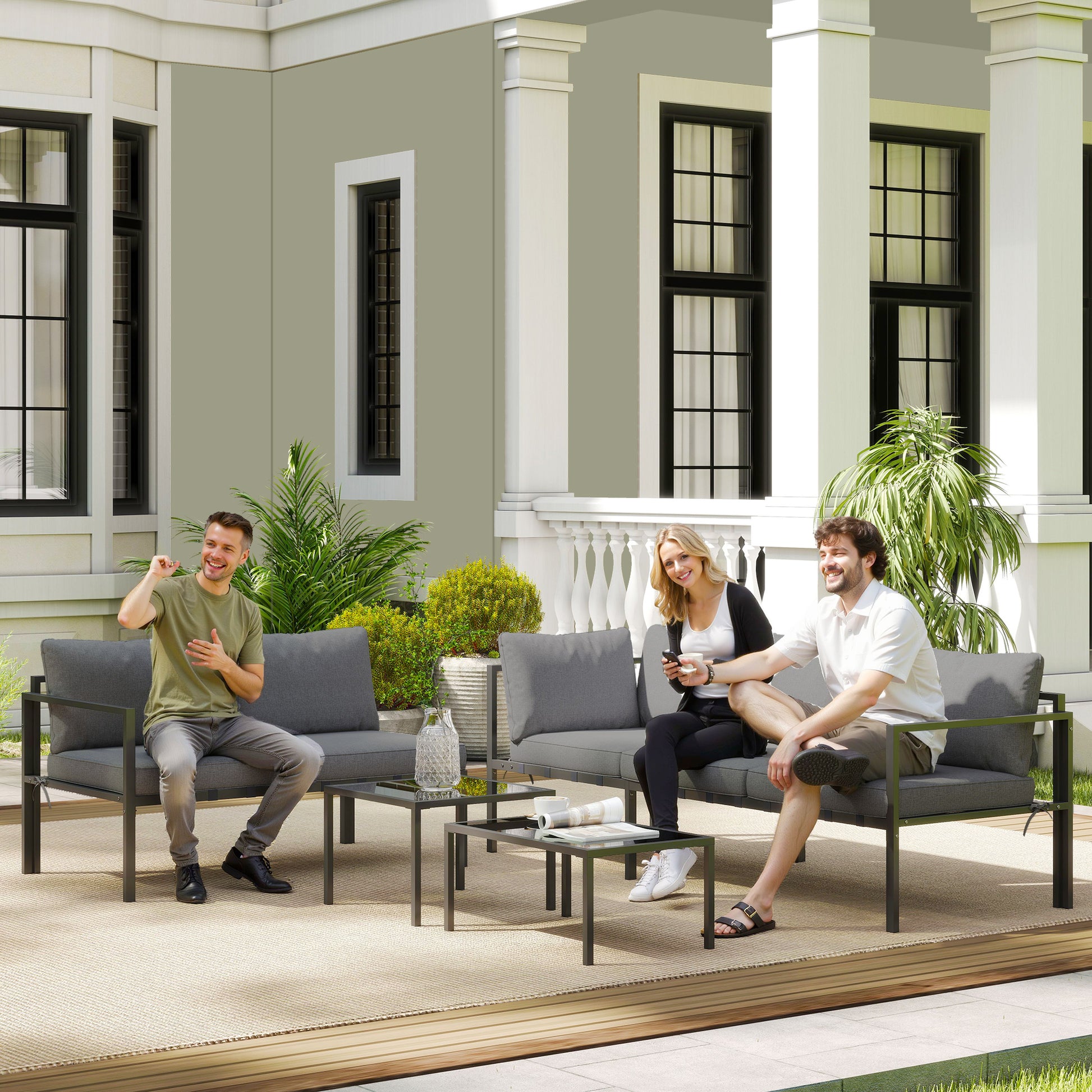 Outdoor Corner Garden Lounge 4-Piece Set with 3-Seater Sofa, 2-Seater Sofa, and 2 Nesting Coffee Tables with Tempered Glass, Cushions Included, Garden Patio Furniture, Gray