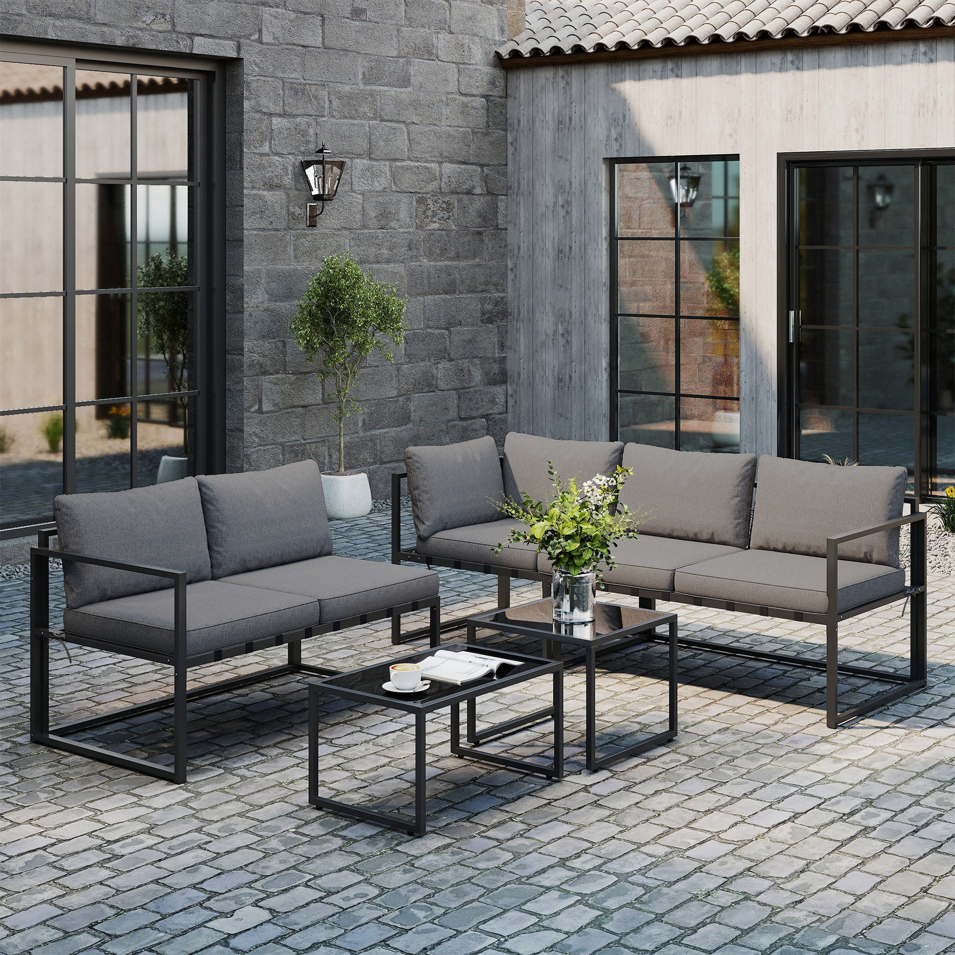 Outdoor Corner Garden Lounge 4-Piece Set with 3-Seater Sofa, 2-Seater Sofa, and 2 Nesting Coffee Tables with Tempered Glass, Cushions Included, Garden Patio Furniture, Gray