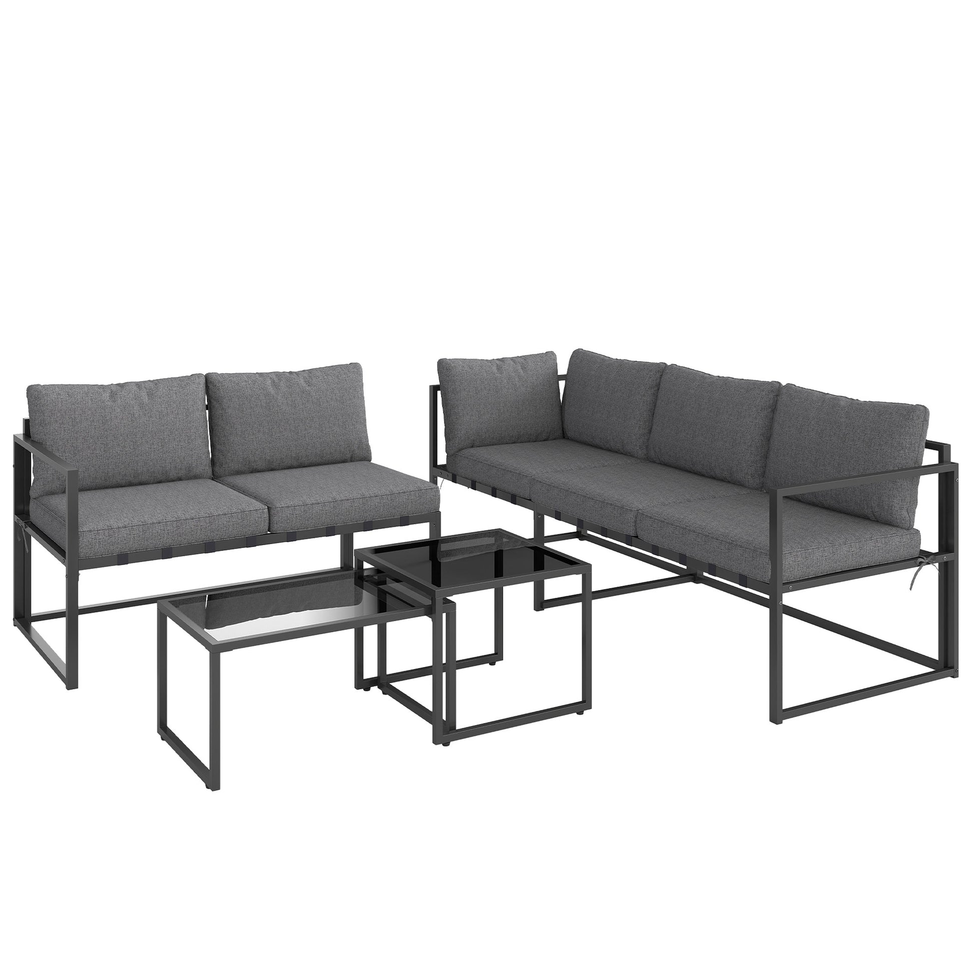 Outdoor Corner Garden Lounge 4-Piece Set with 3-Seater Sofa, 2-Seater Sofa, and 2 Nesting Coffee Tables with Tempered Glass, Cushions Included, Garden Patio Furniture, Gray