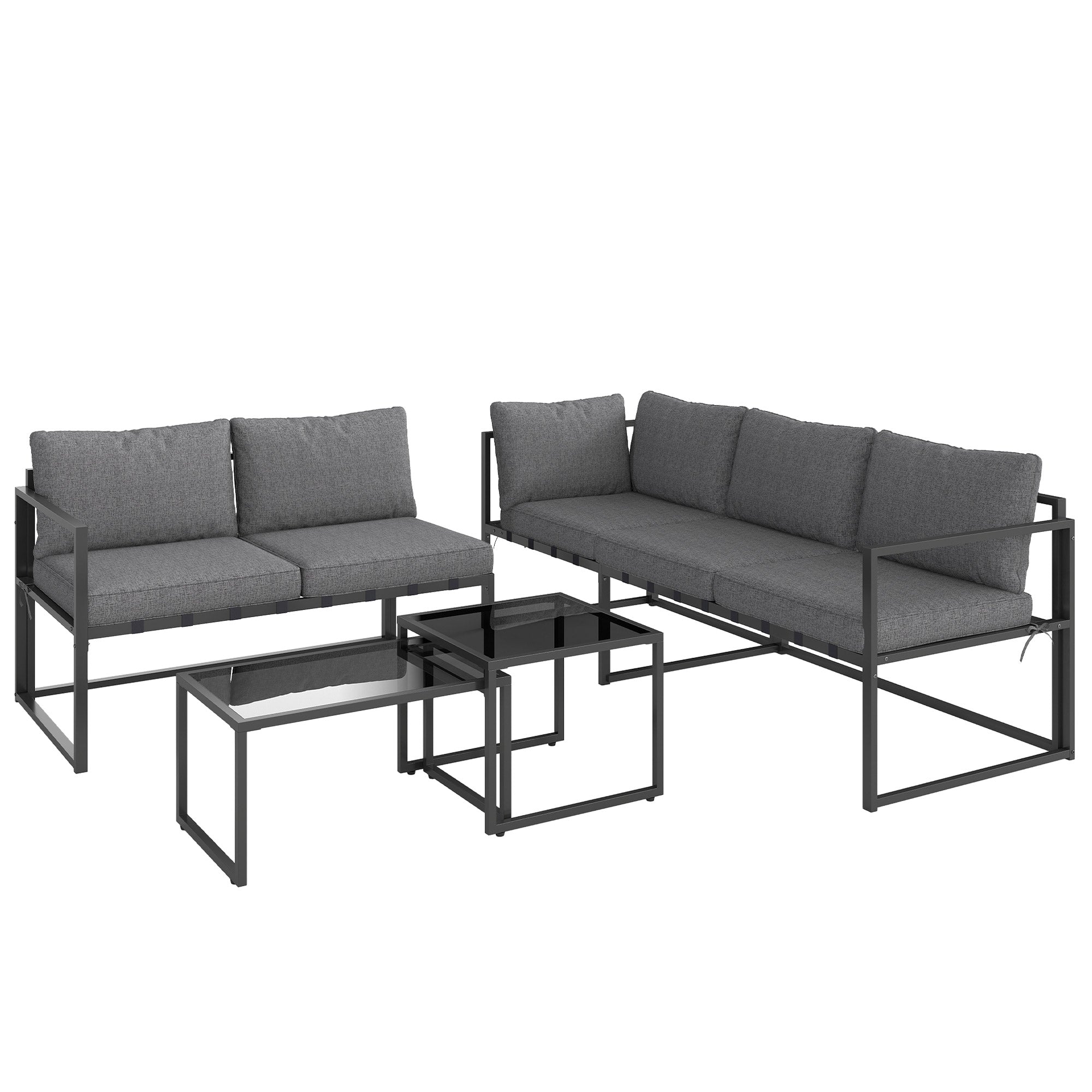 Outdoor Corner Garden Lounge 4-Piece Set with 3-Seater Sofa, 2-Seater Sofa, and 2 Nesting Coffee Tables with Tempered Glass, Cushions Included, Garden Patio Furniture, Gray