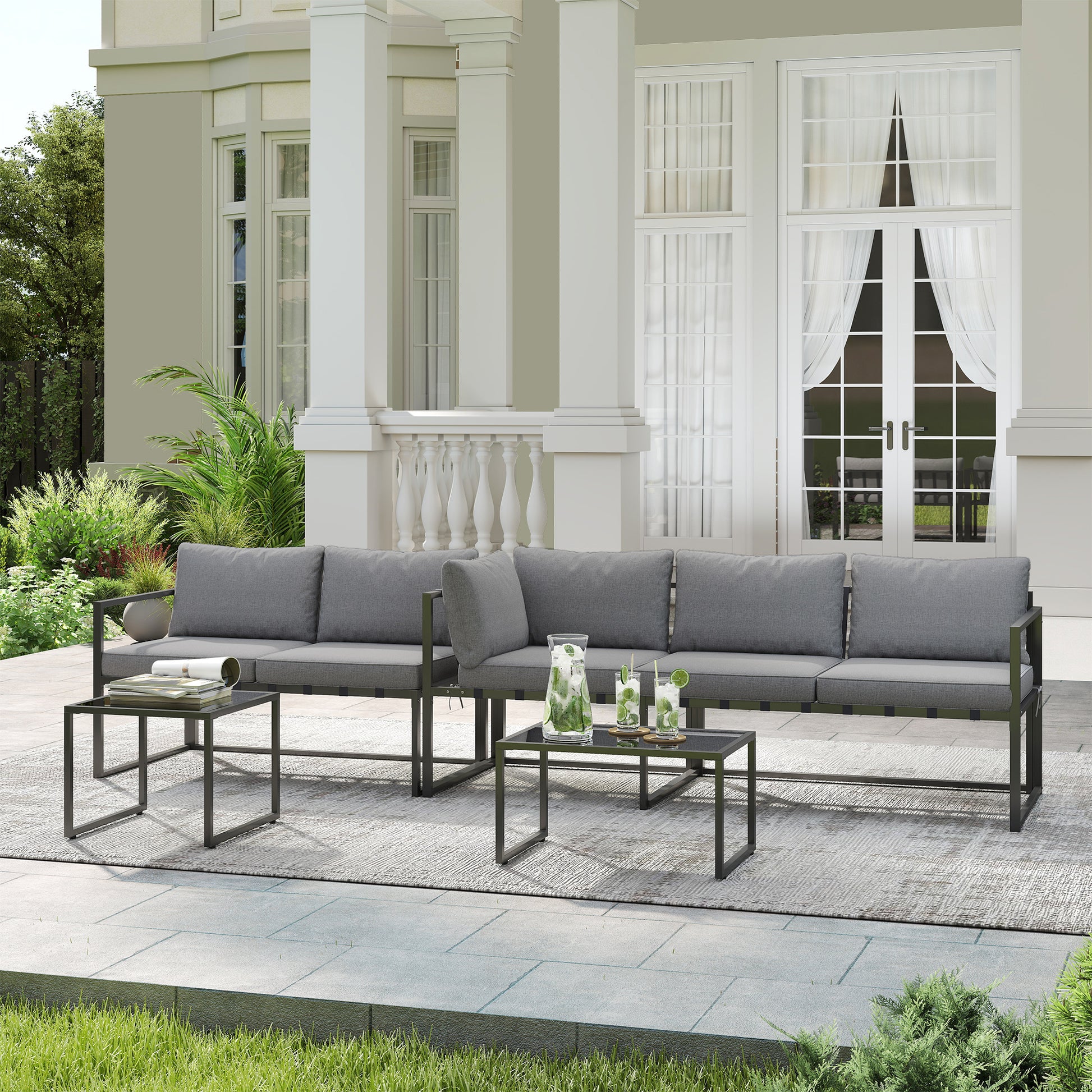 Outdoor Corner Garden Lounge 4-Piece Set with 3-Seater Sofa, 2-Seater Sofa, and 2 Nesting Coffee Tables with Tempered Glass, Cushions Included, Garden Patio Furniture, Gray